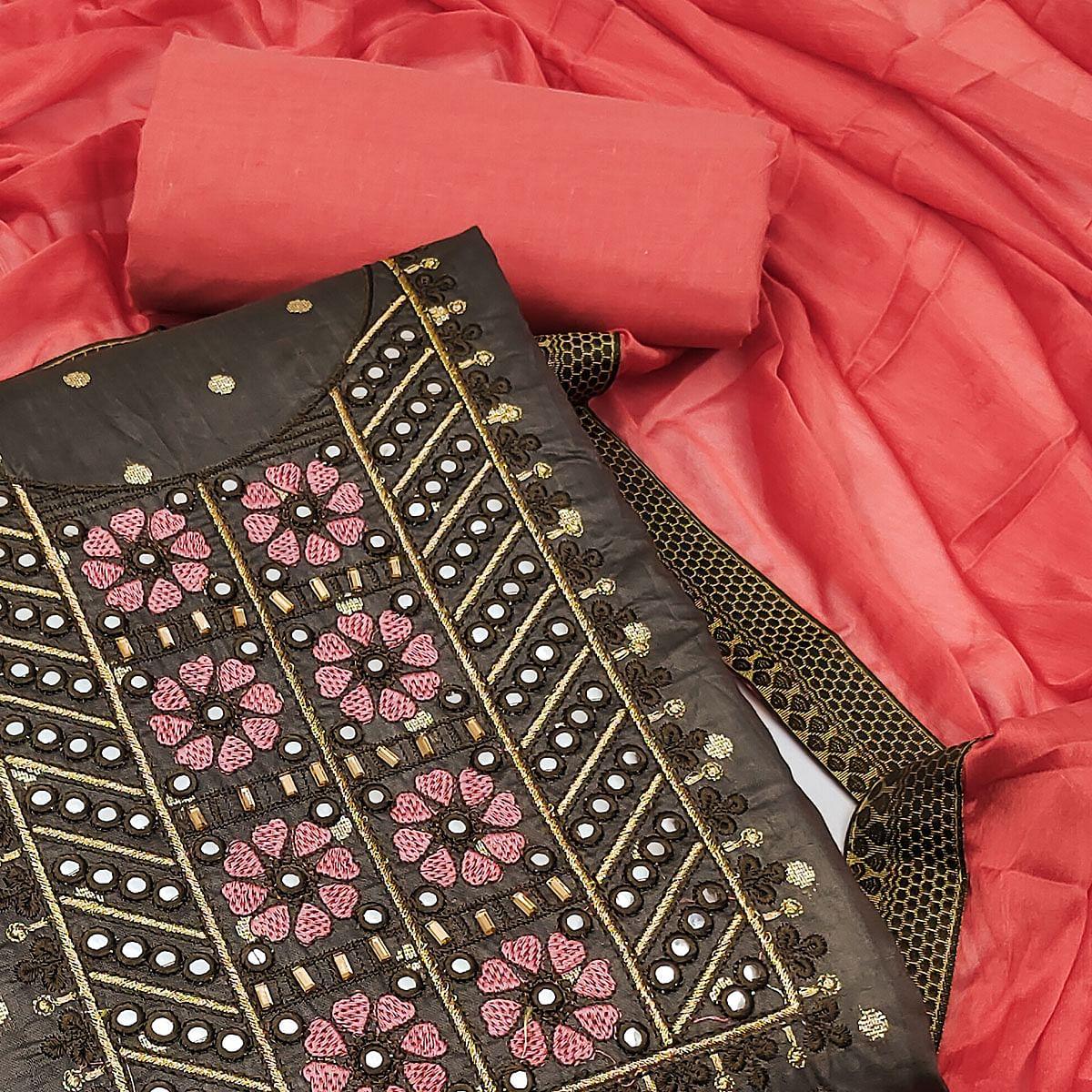 Brown Festive Wear Embroidered With Embellished Chanderi Dress Material - Peachmode