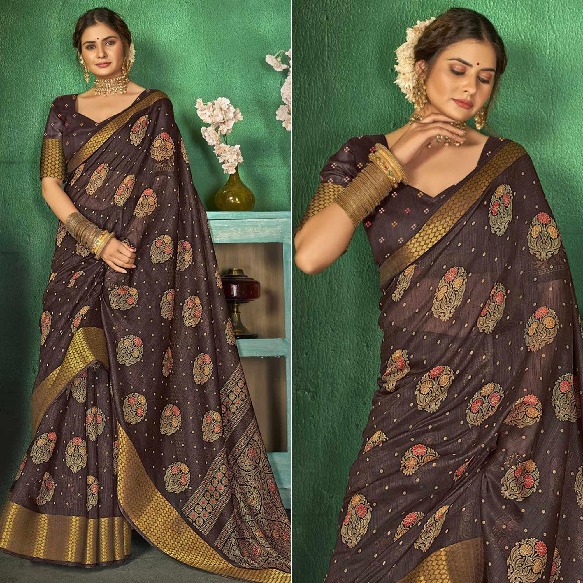 Brown Festive Wear Floral Digital Printed Cotton Saree - Peachmode