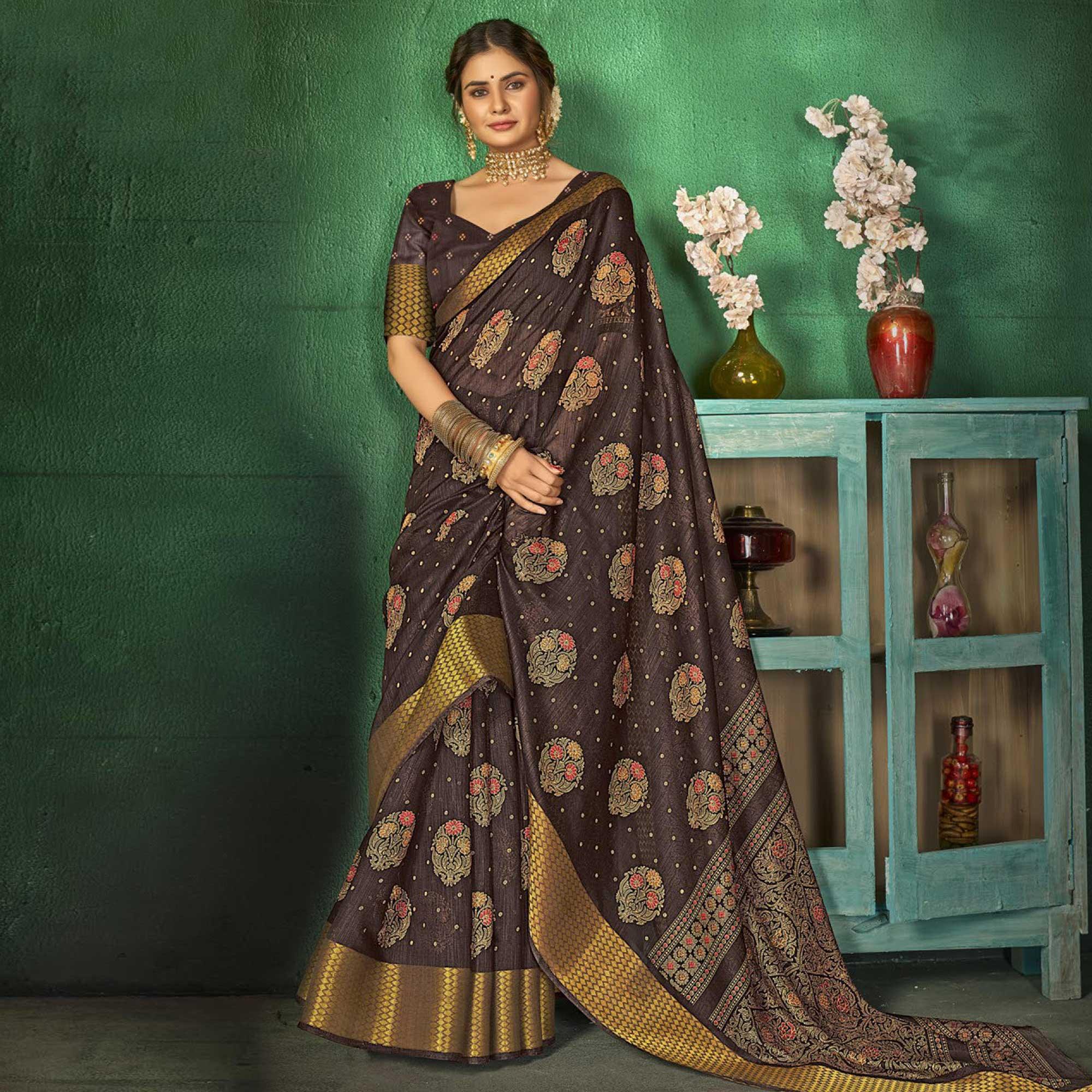 Brown Festive Wear Floral Digital Printed Cotton Saree - Peachmode