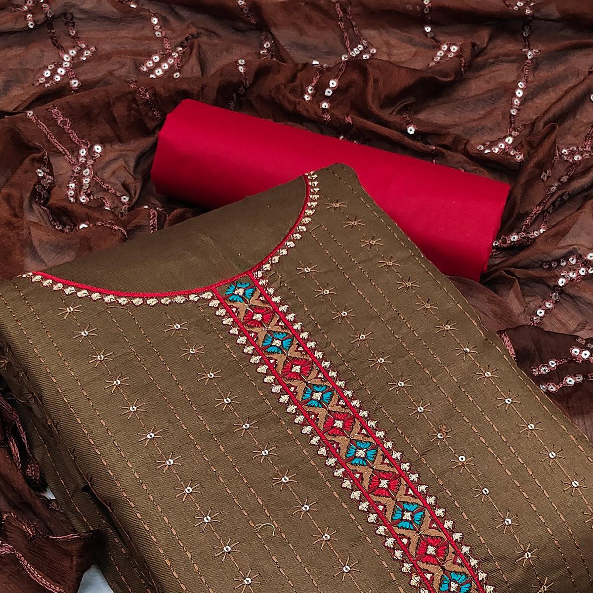 Brown Festive Wear Floral Embroidered Cotton Dress Material - Peachmode