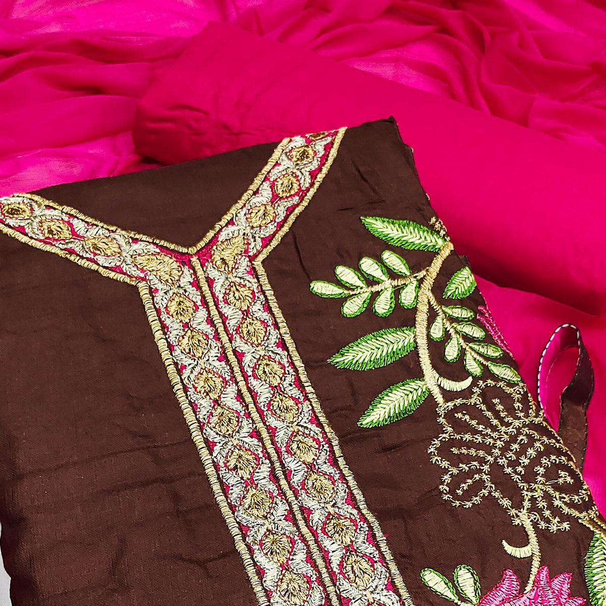 Brown Festive Wear Floral Embroidered Cotton Dress Material - Peachmode