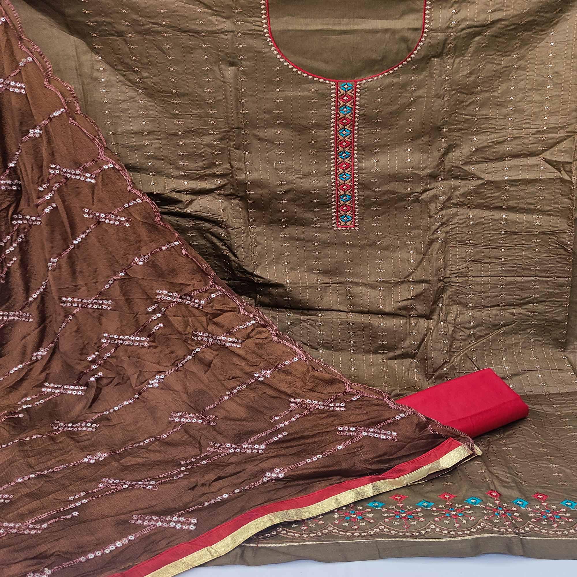 Brown Festive Wear Floral Embroidered Cotton Dress Material - Peachmode