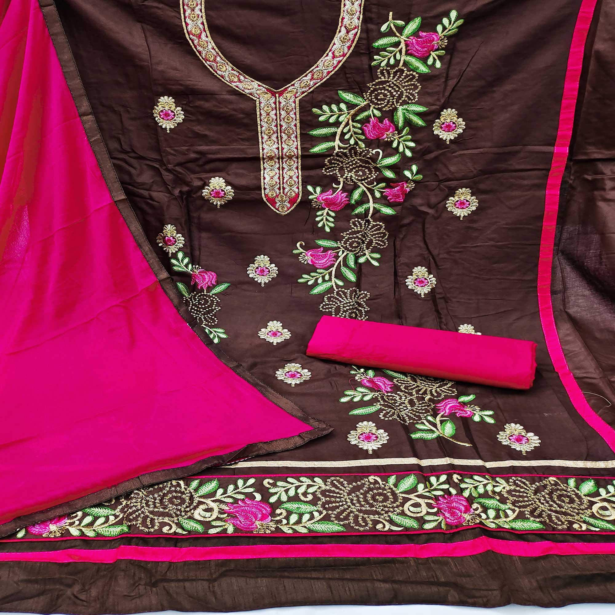 Brown Festive Wear Floral Embroidered Cotton Dress Material - Peachmode