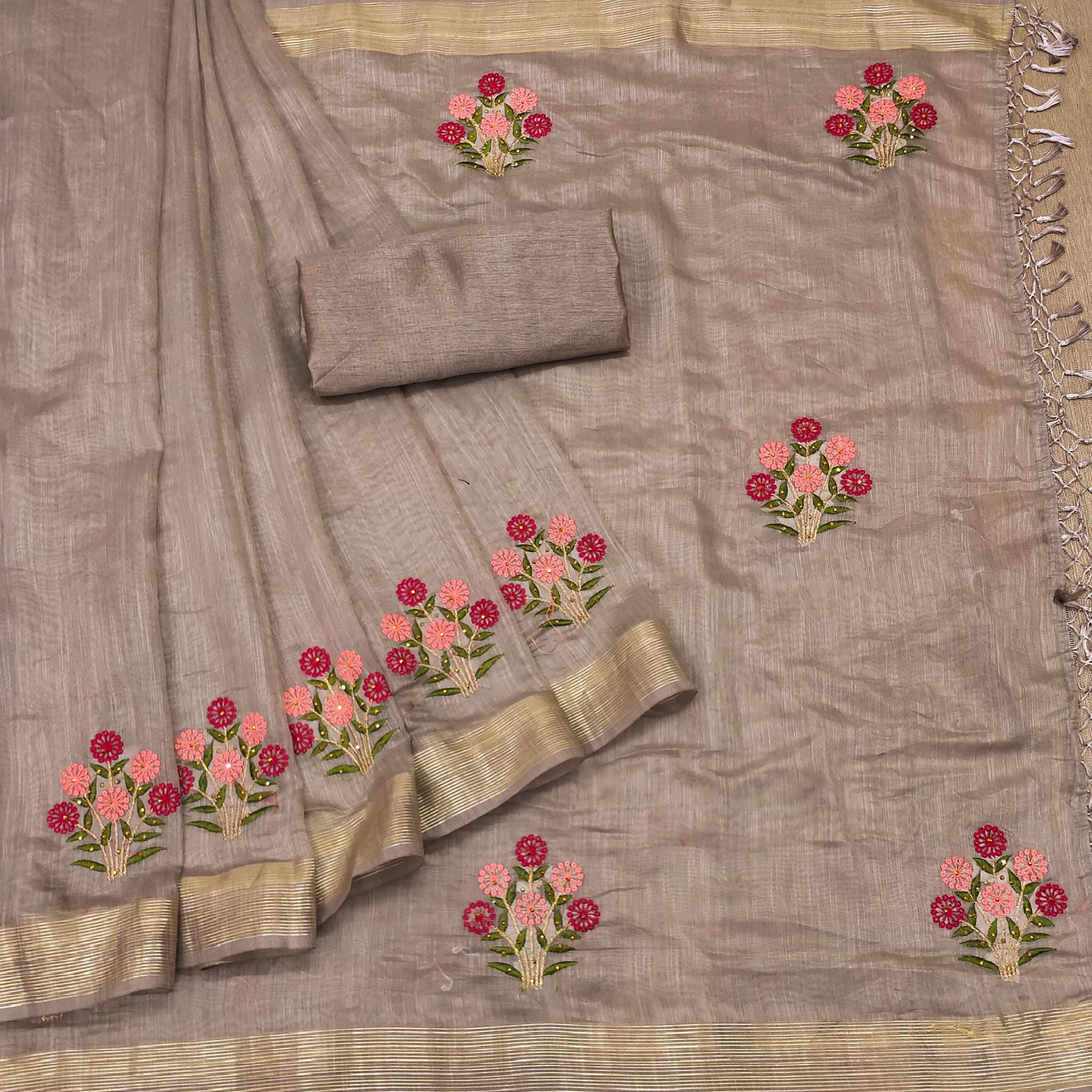 Brown Festive Wear Floral Embroidered With Embellished Cotton Saree - Peachmode