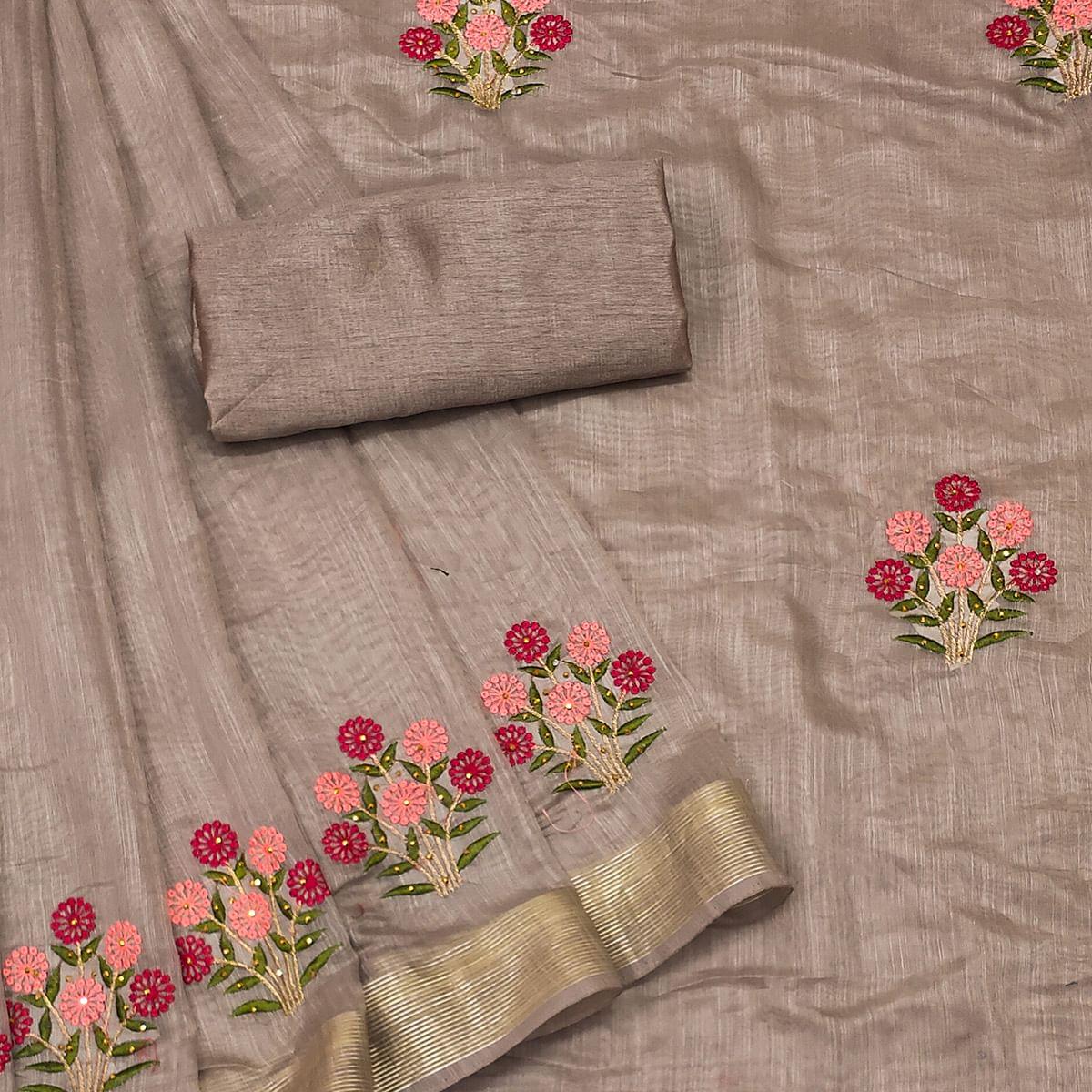 Brown Festive Wear Floral Embroidered With Embellished Cotton Saree - Peachmode