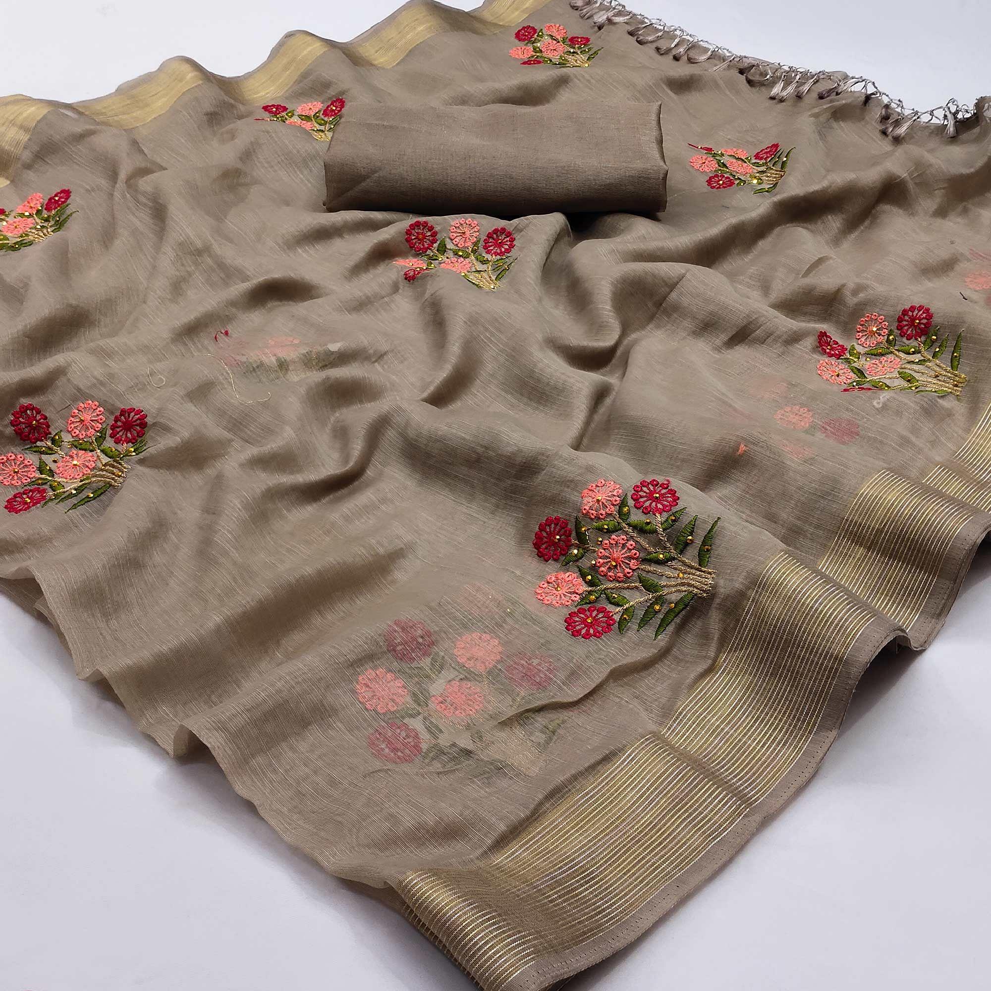 Brown Festive Wear Floral Embroidered With Embellished Cotton Saree - Peachmode