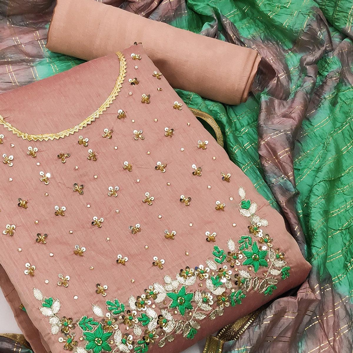 Brown Festive Wear Floral Handwork Modal Chanderi Dress Material - Peachmode