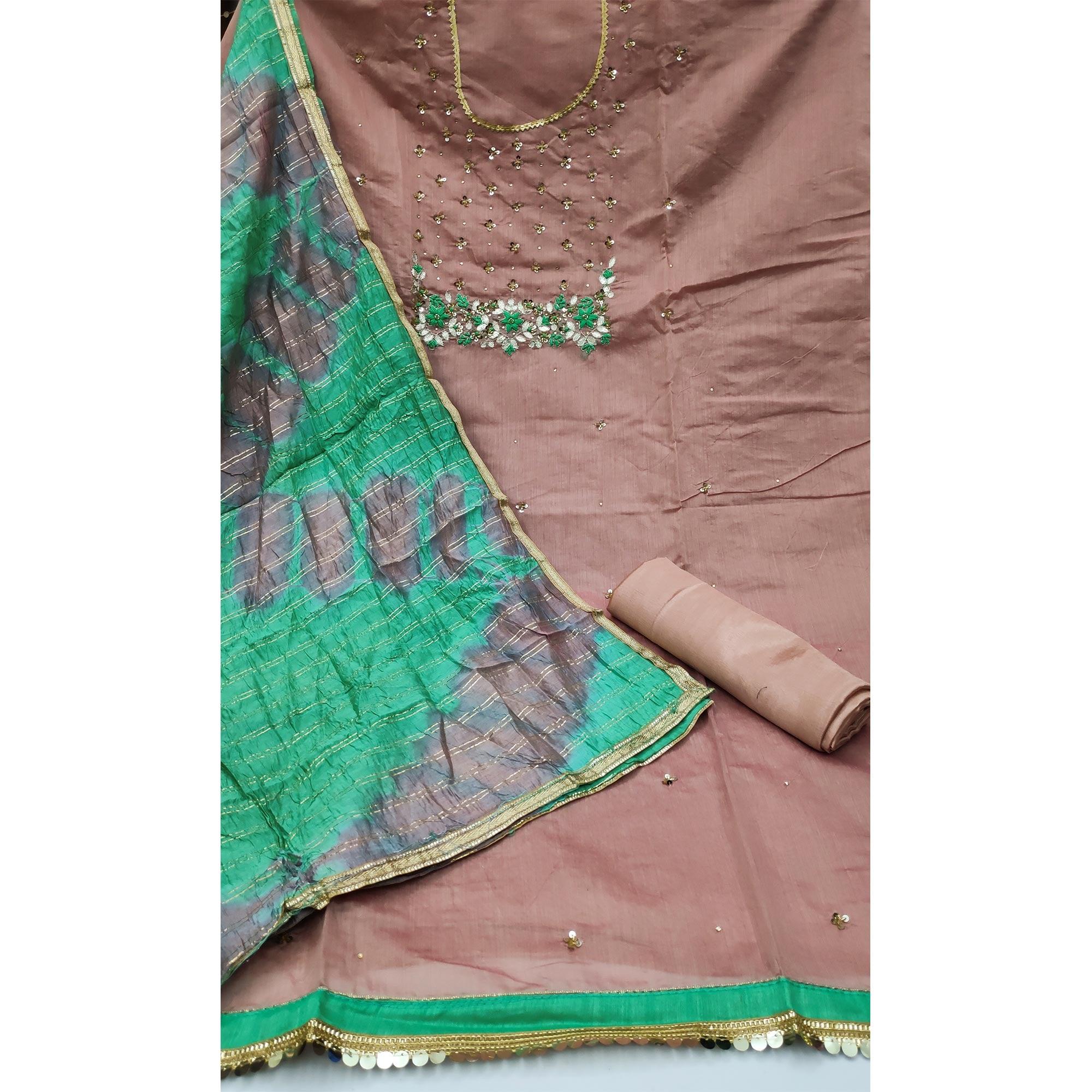 Brown Festive Wear Floral Handwork Modal Chanderi Dress Material - Peachmode