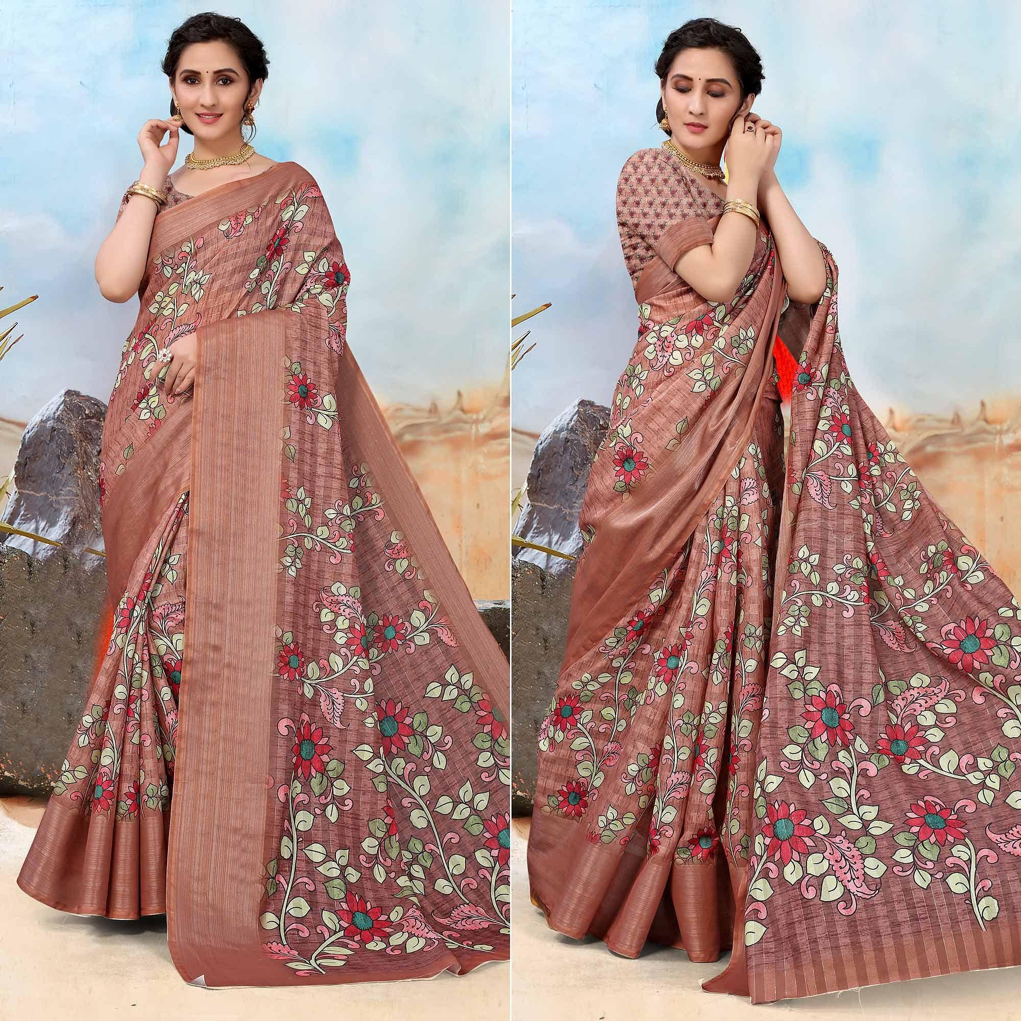 Brown Festive Wear Floral Printed Art Silk Saree - Peachmode