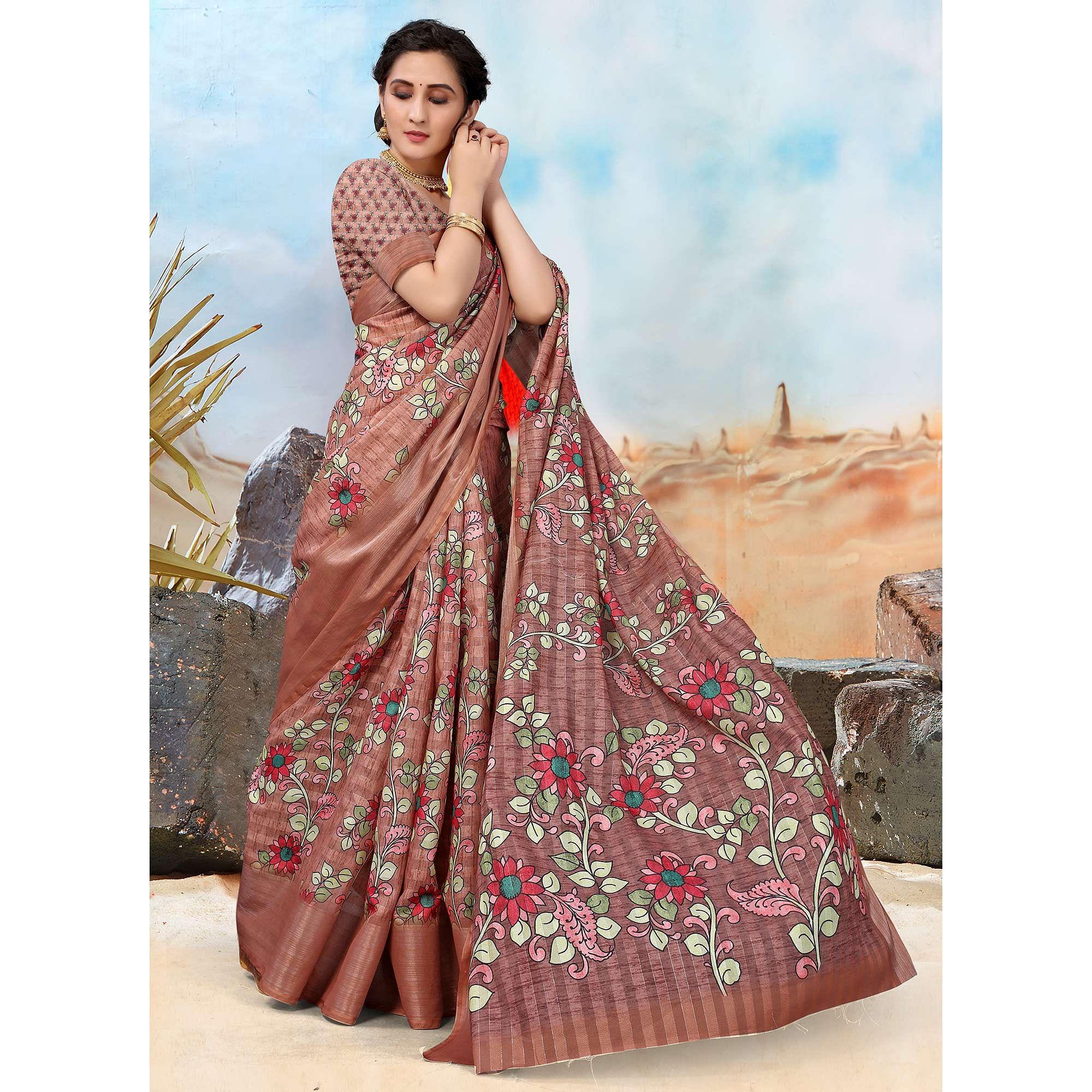 Brown Festive Wear Floral Printed Art Silk Saree - Peachmode