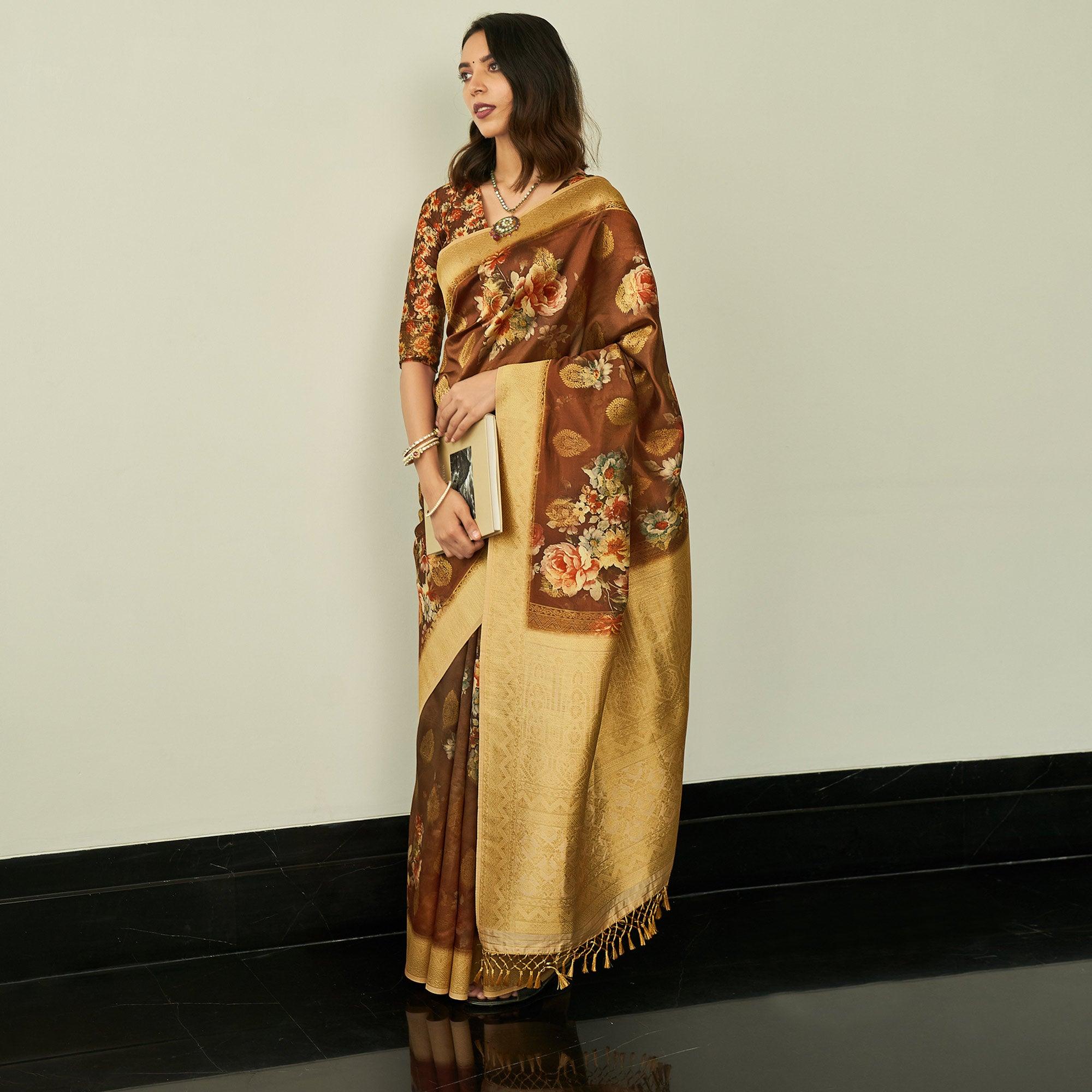 Brown Festive Wear Floral Printed Silk Saree With Woven Border - Peachmode