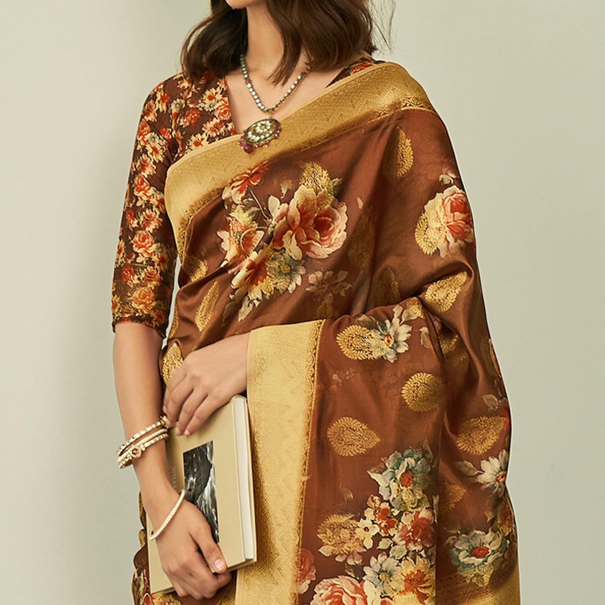 Brown Festive Wear Floral Printed Silk Saree With Woven Border - Peachmode