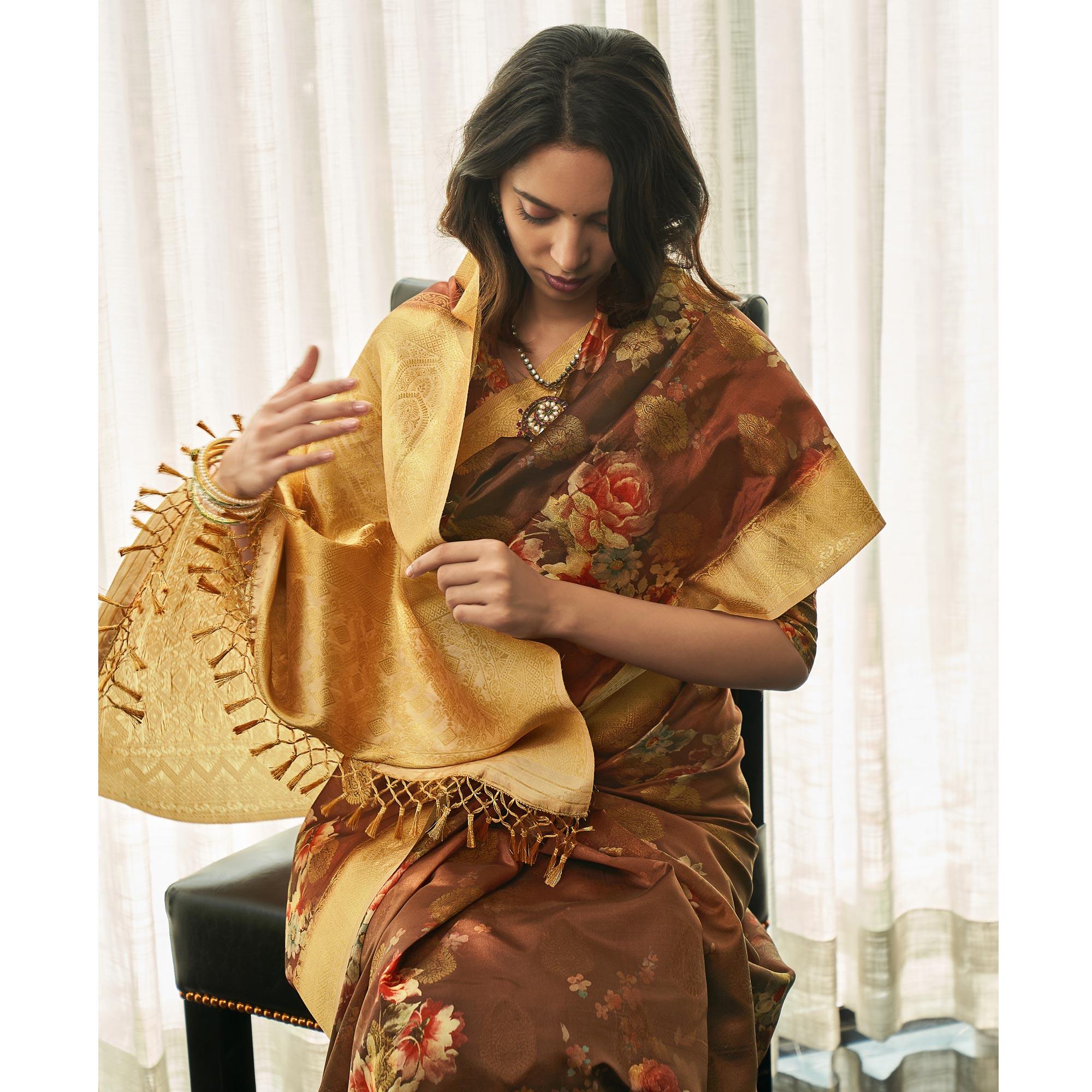 Brown Festive Wear Floral Printed Silk Saree With Woven Border - Peachmode