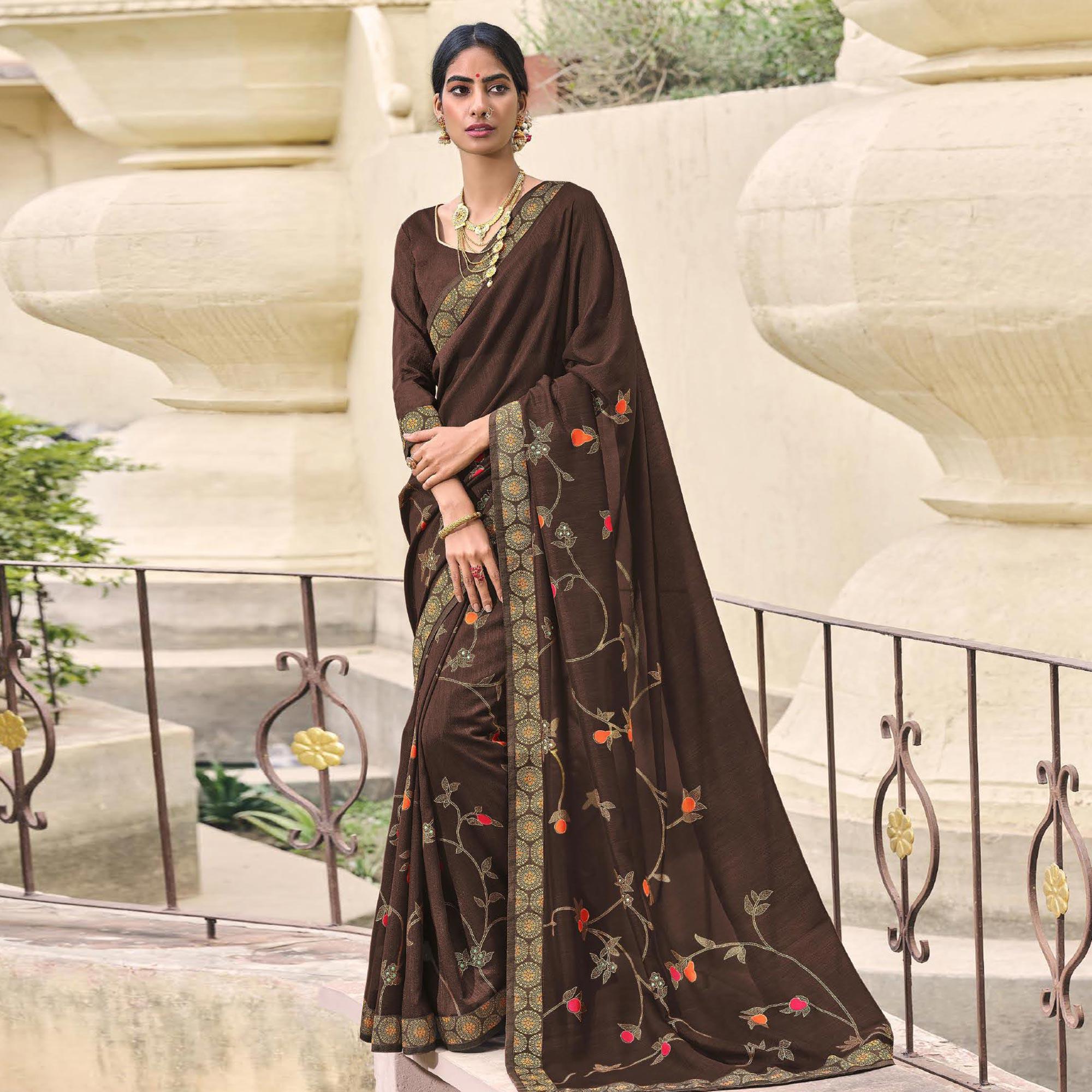 Brown Festive Wear Foil Printed Silk Saree - Peachmode