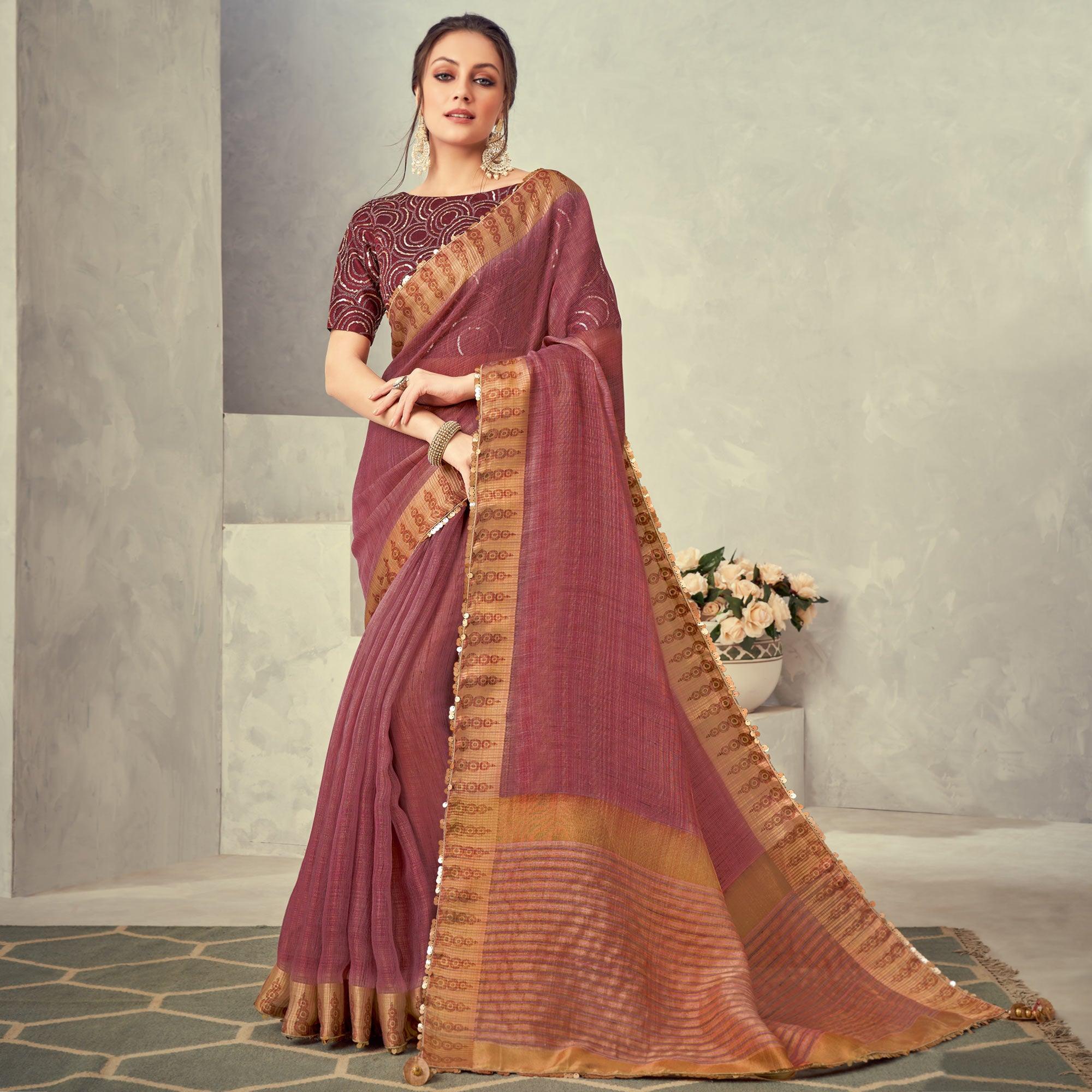 Brown Festive Wear Lace Border Weaved Tissue Saree - Peachmode