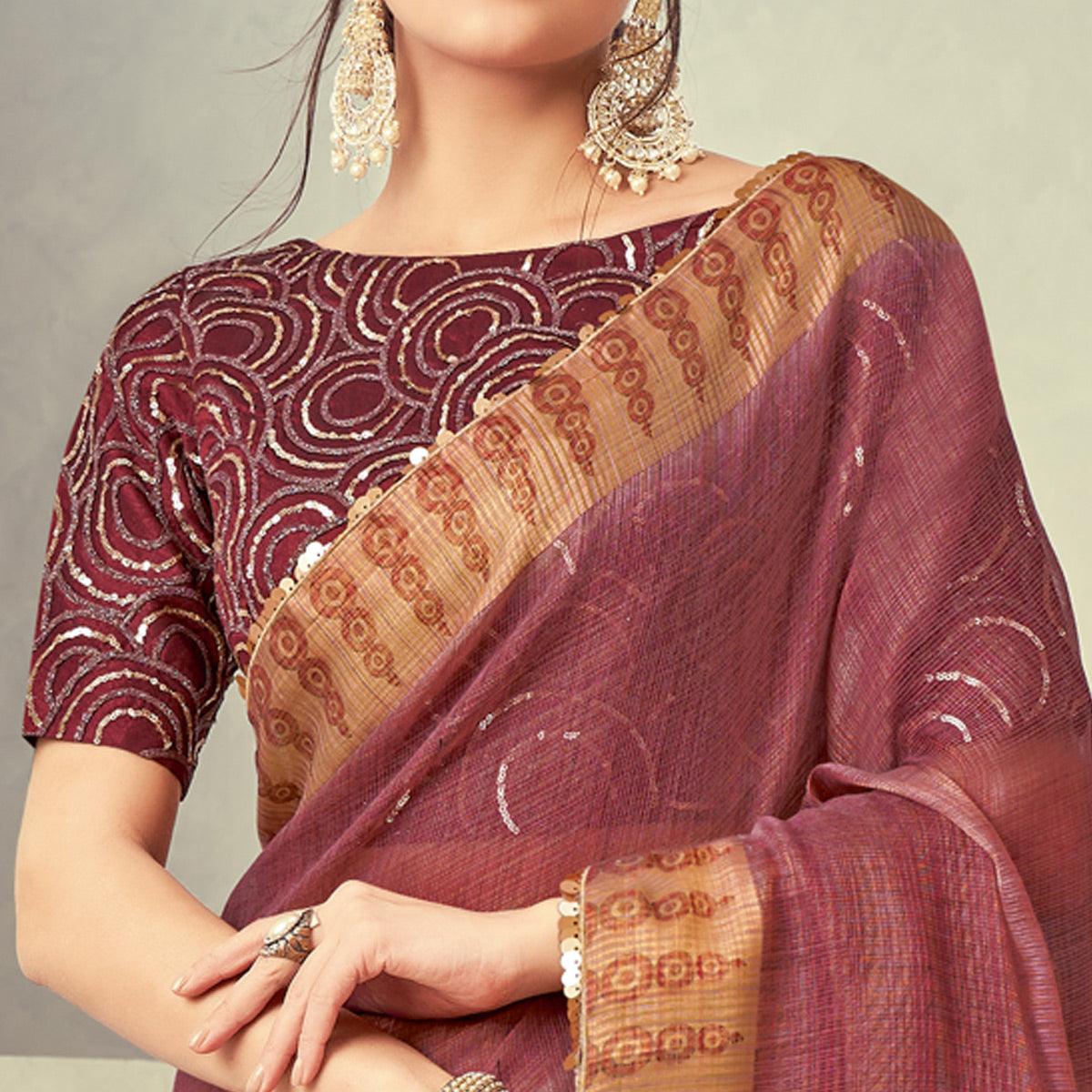 Brown Festive Wear Lace Border Weaved Tissue Saree - Peachmode