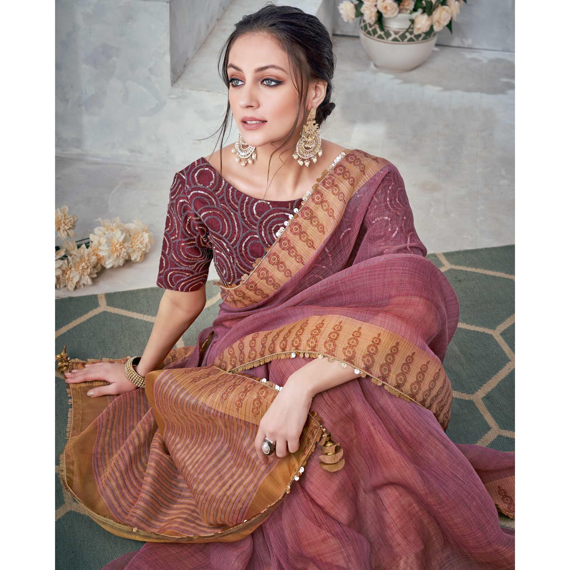 Brown Festive Wear Lace Border Weaved Tissue Saree - Peachmode