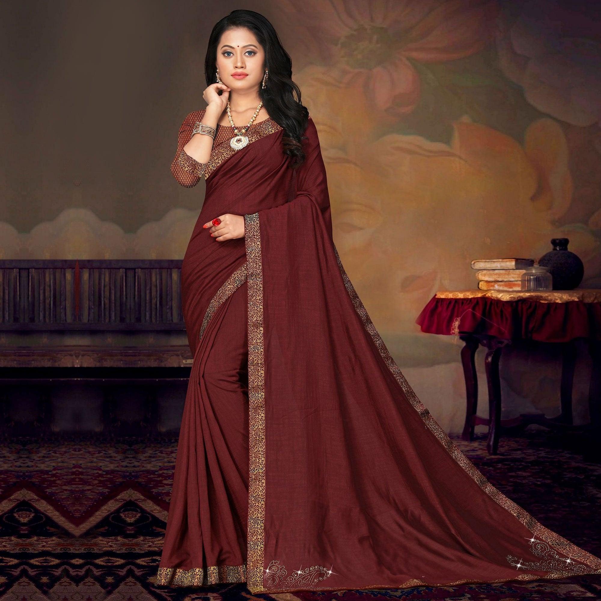 Brown Festive Wear Lace Work Silk Saree - Peachmode
