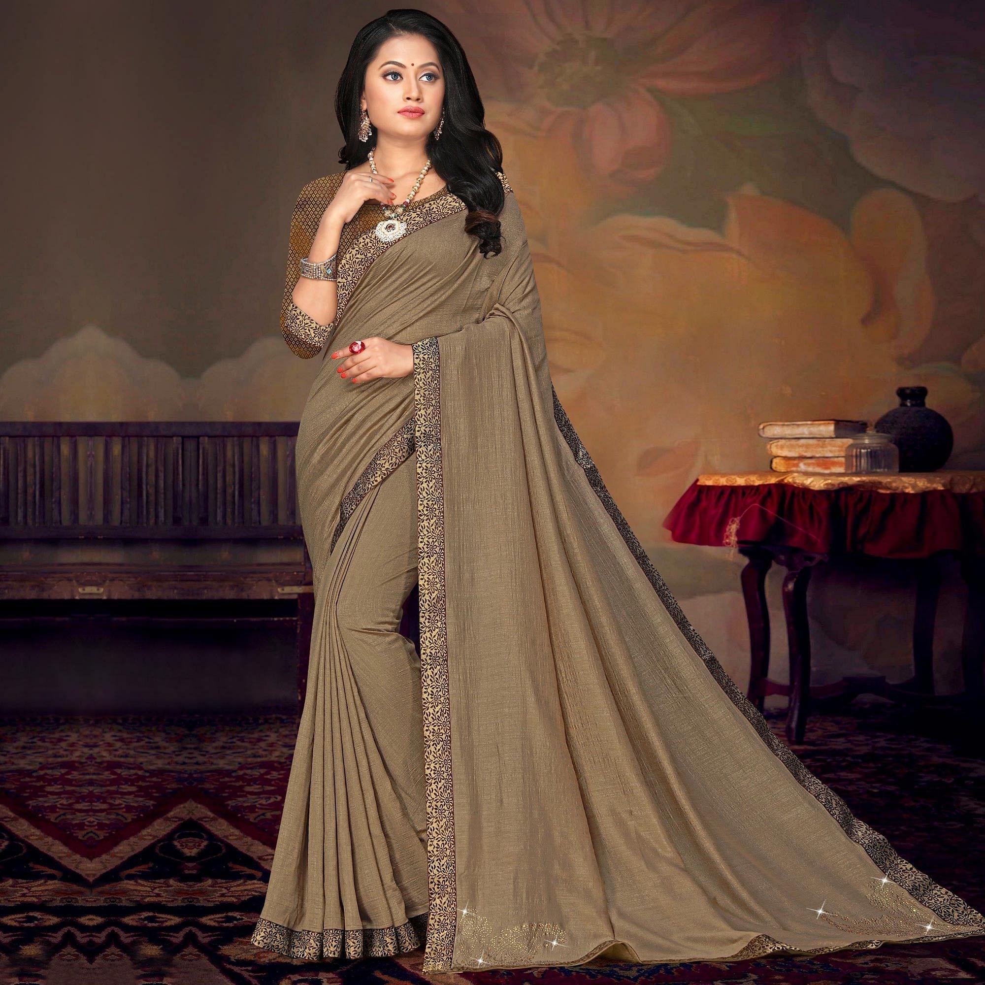 Brown Festive Wear Lace Work Silk Saree - Peachmode