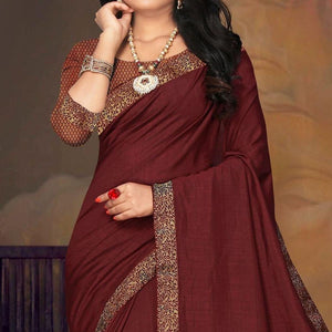 Brown Festive Wear Lace Work Silk Saree - Peachmode