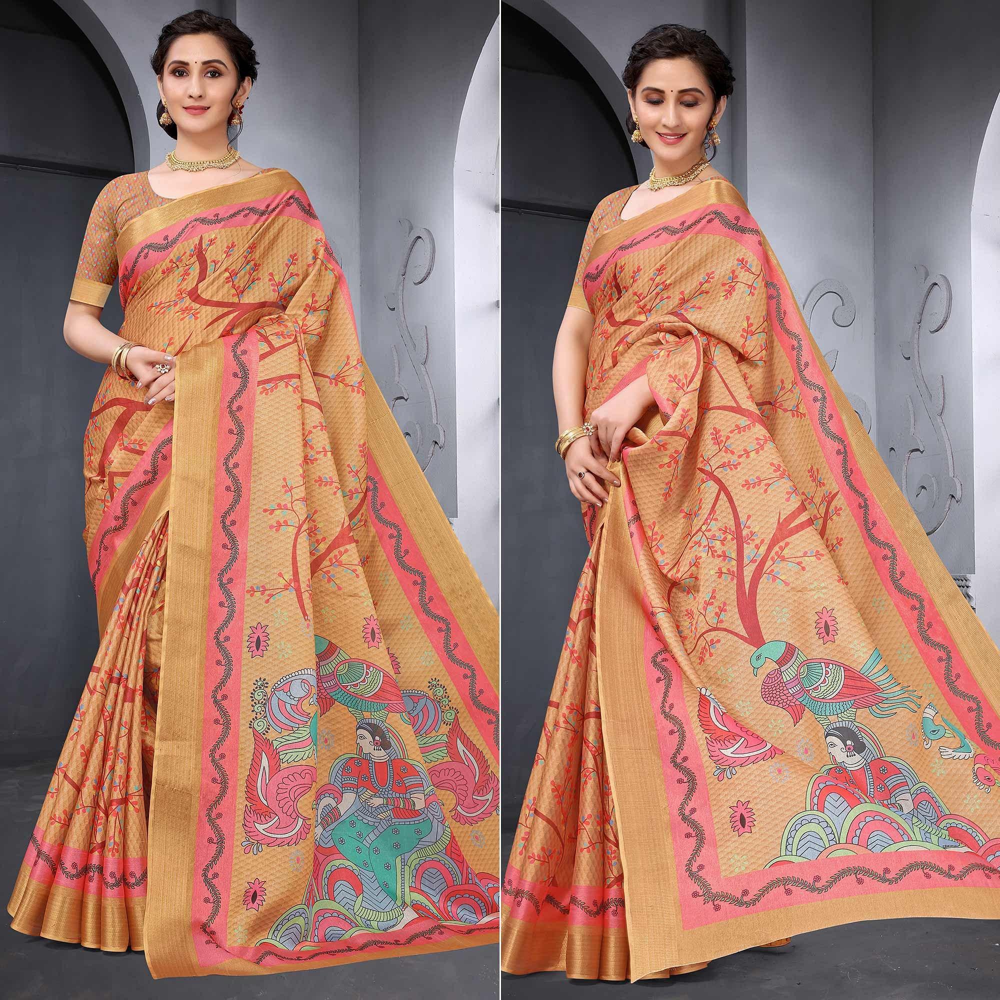 Brown Festive Wear Printed Art Silk Saree - Peachmode
