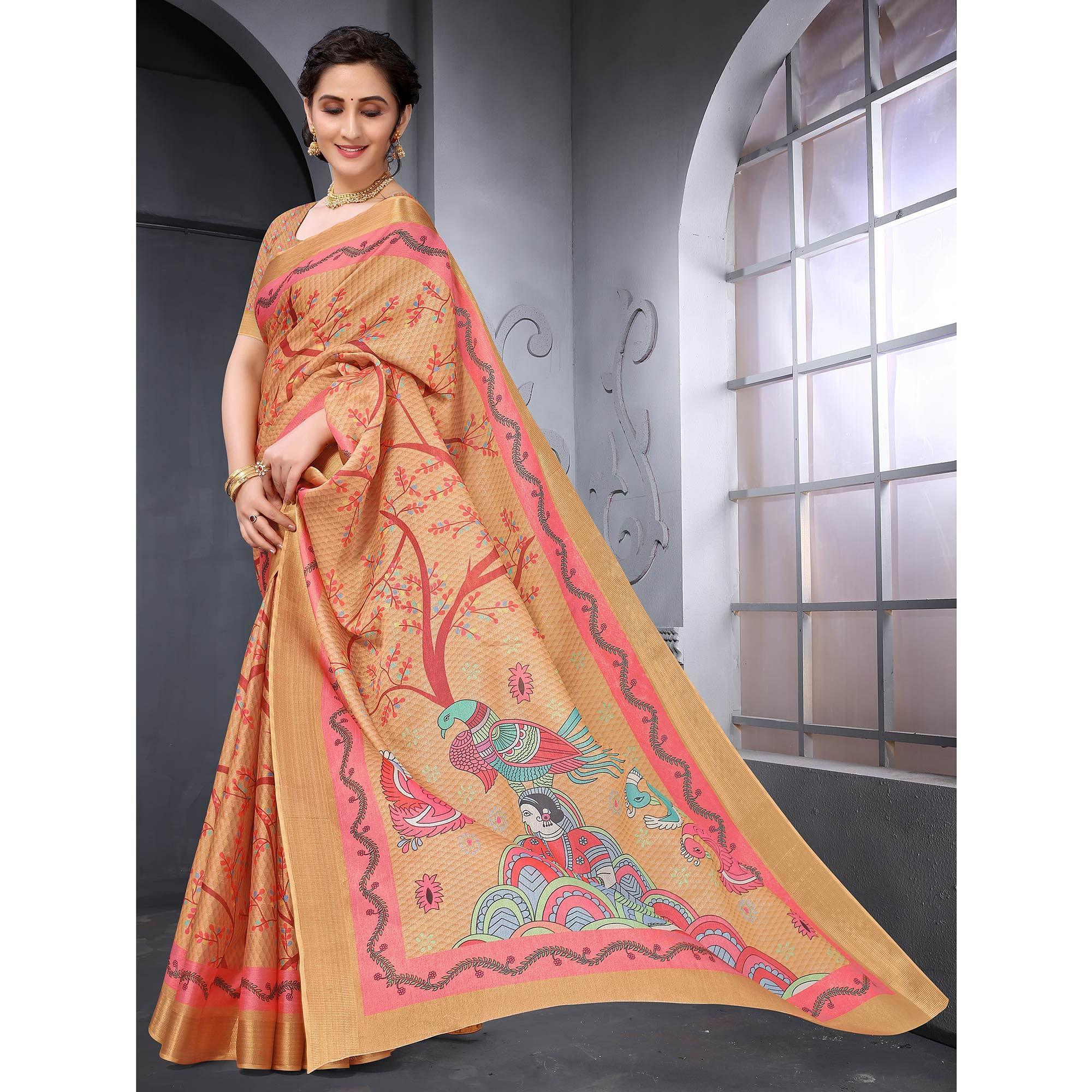 Brown Festive Wear Printed Art Silk Saree - Peachmode