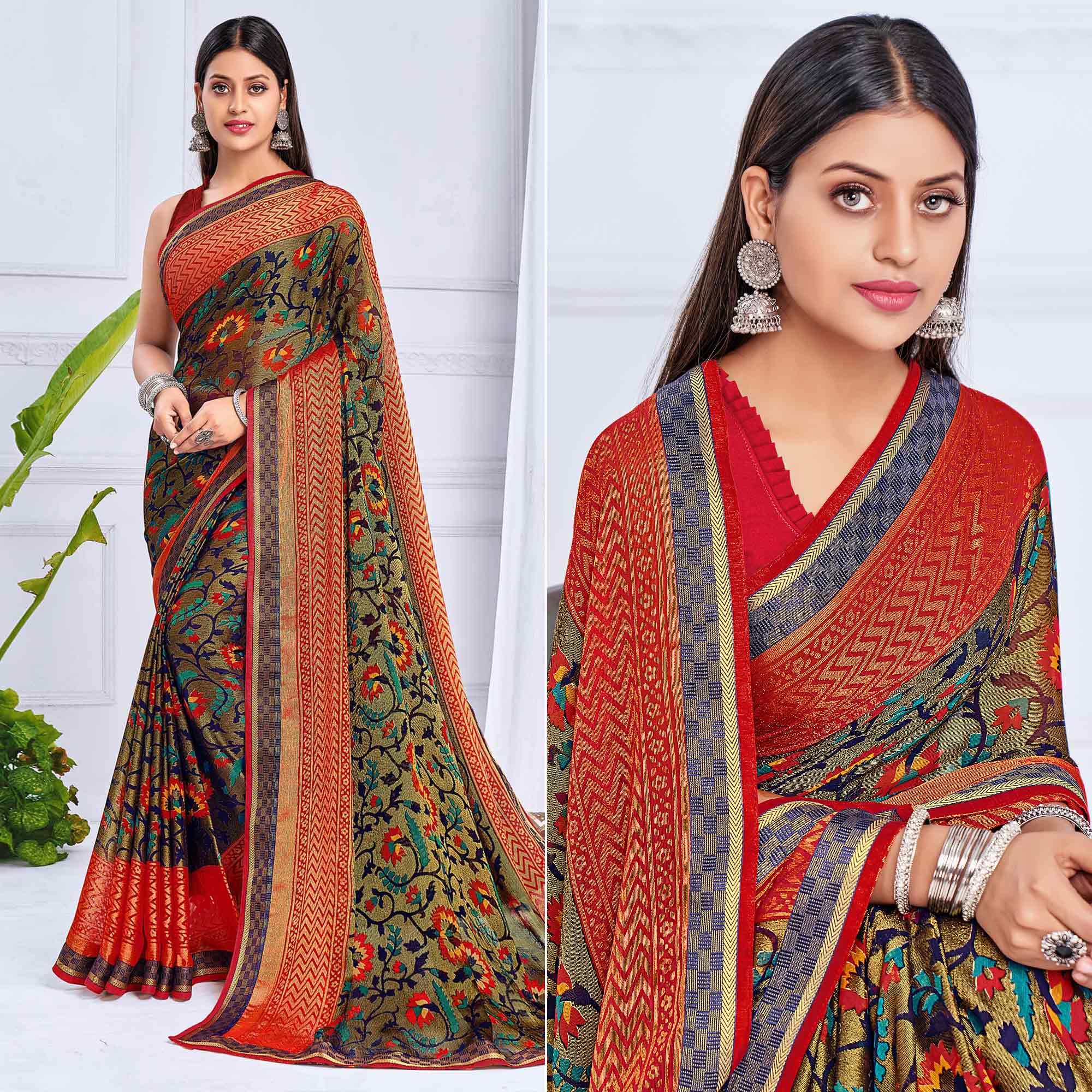 Brown Festive Wear Printed Brasso Saree - Peachmode