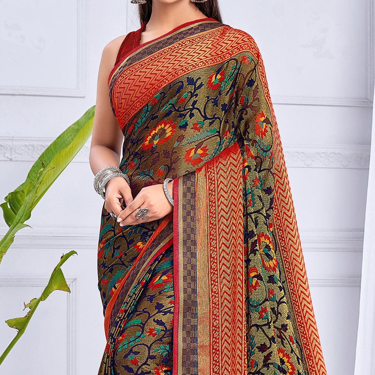 Brown Festive Wear Printed Brasso Saree - Peachmode