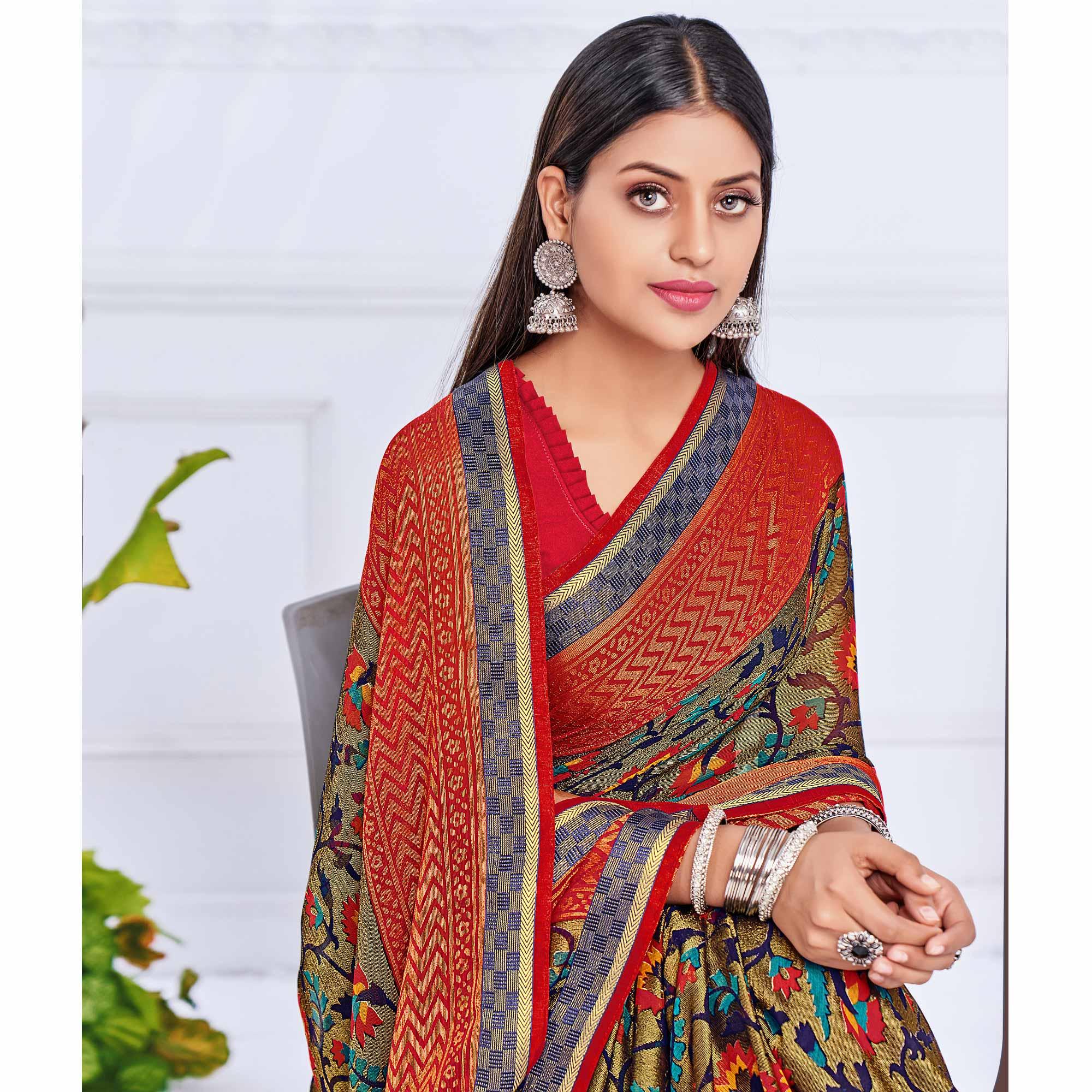 Brown Festive Wear Printed Brasso Saree - Peachmode