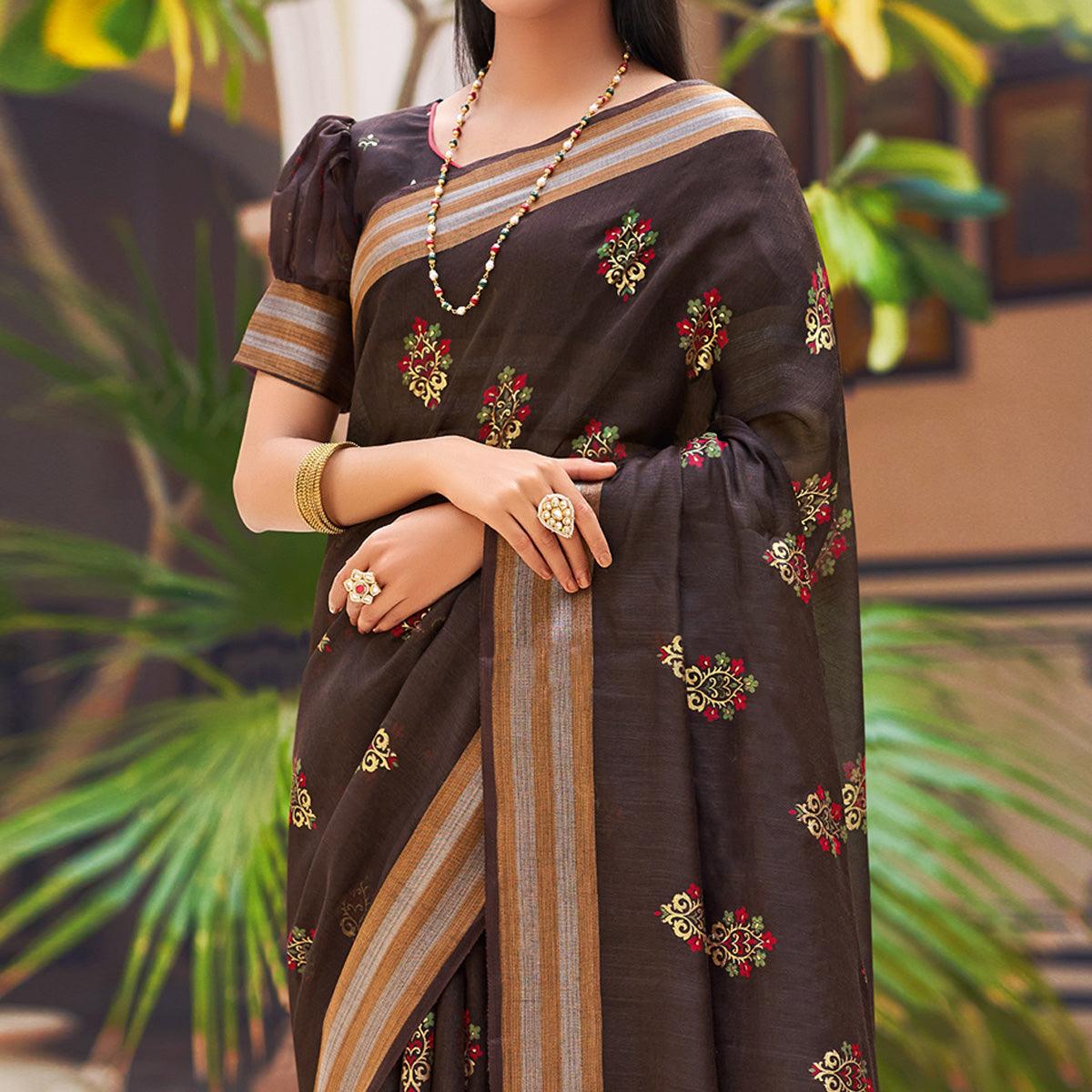 Brown Festive Wear Printed Chanderi Silk Saree - Peachmode