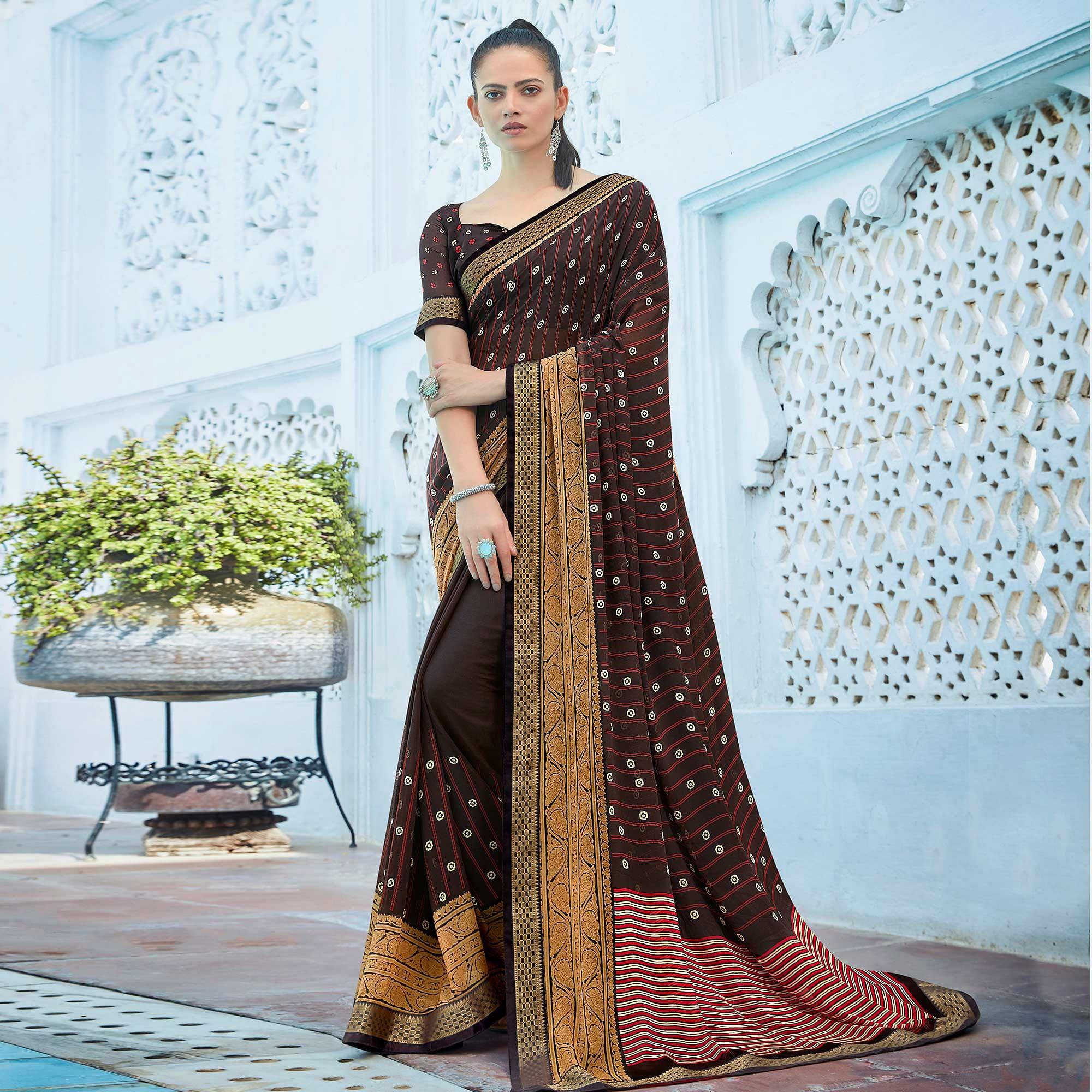 Brown Festive Wear Printed Georgette Saree With Border - Peachmode