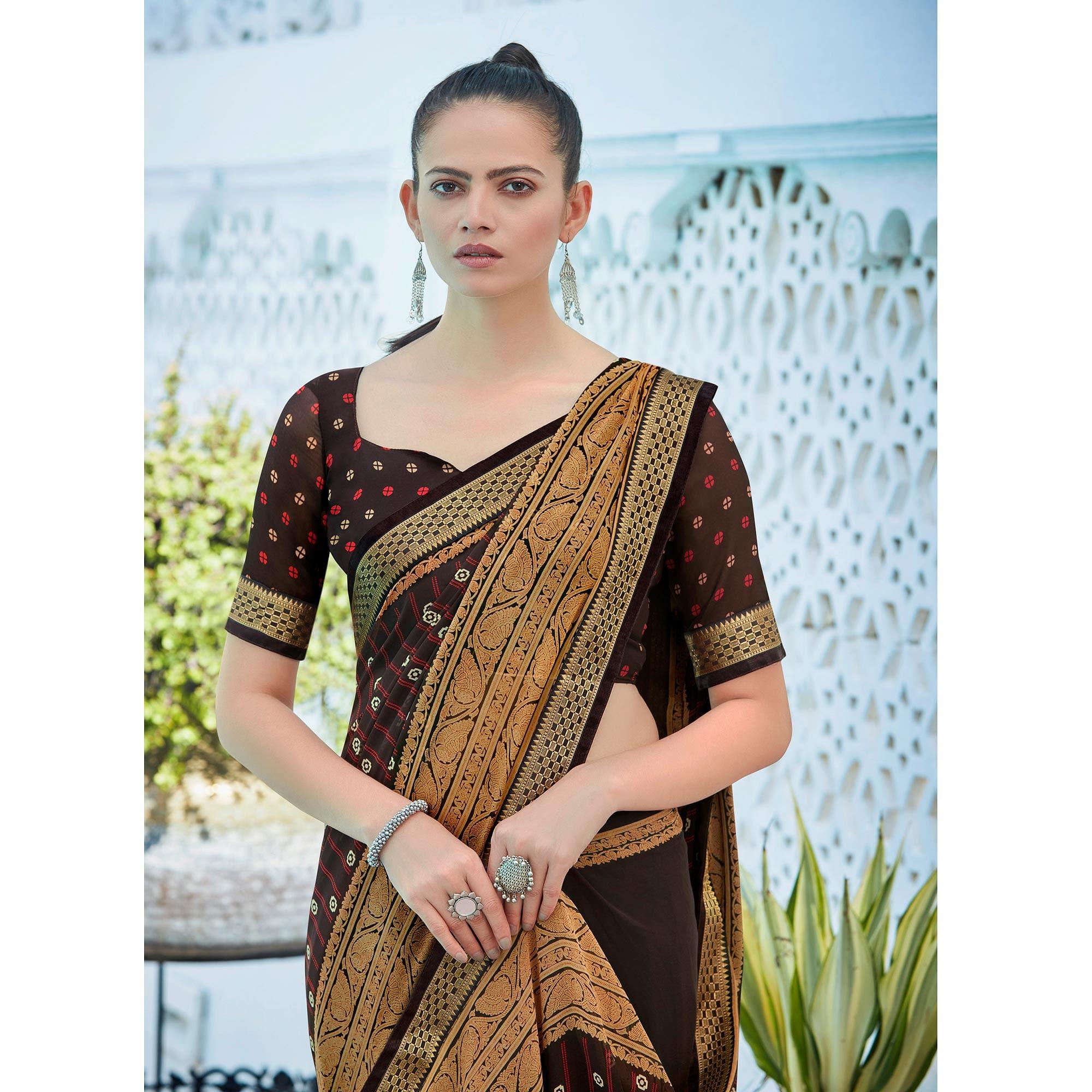 Brown Festive Wear Printed Georgette Saree With Border - Peachmode