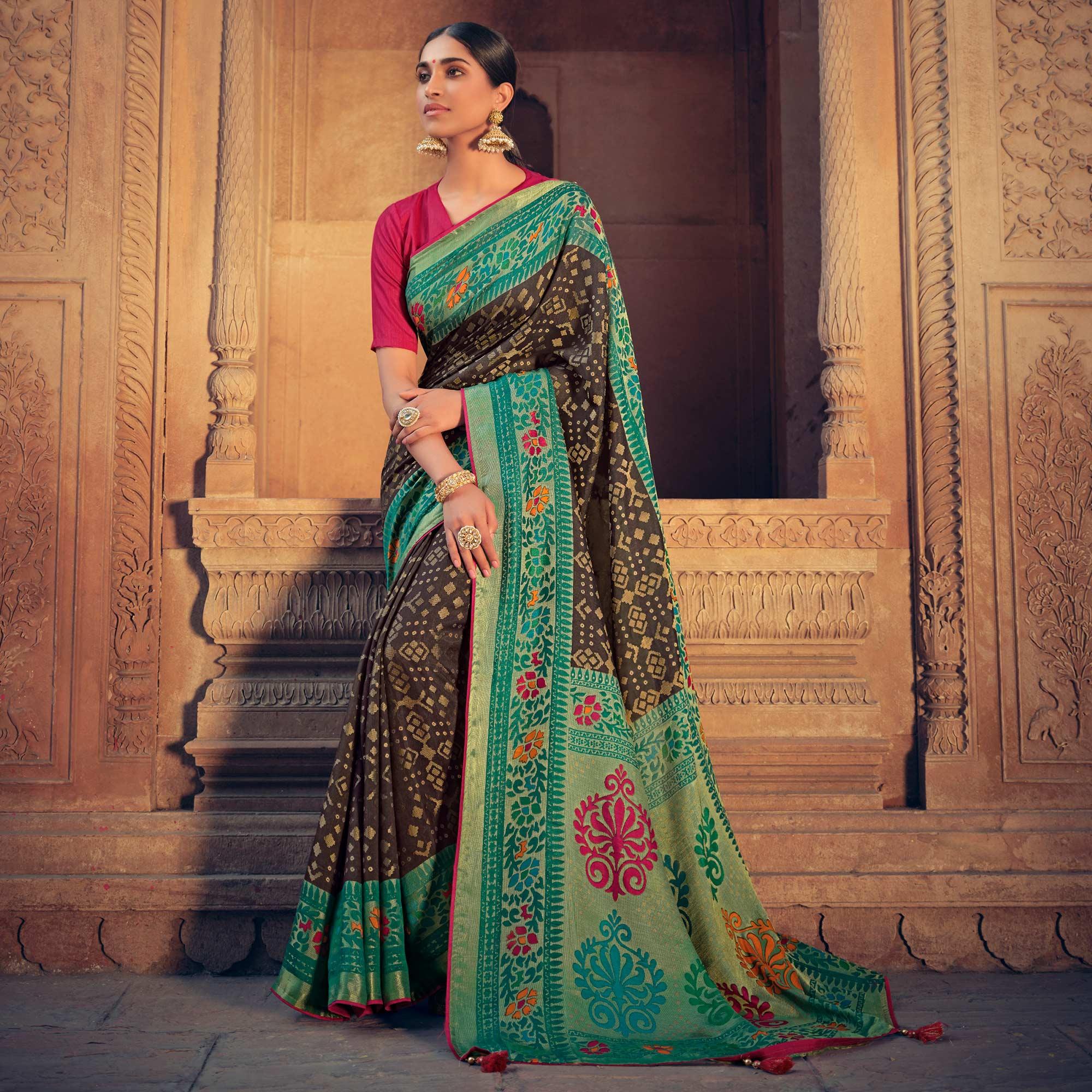 Brown Festive Wear Printed Moss Brasso Paithani Silk Saree - Peachmode