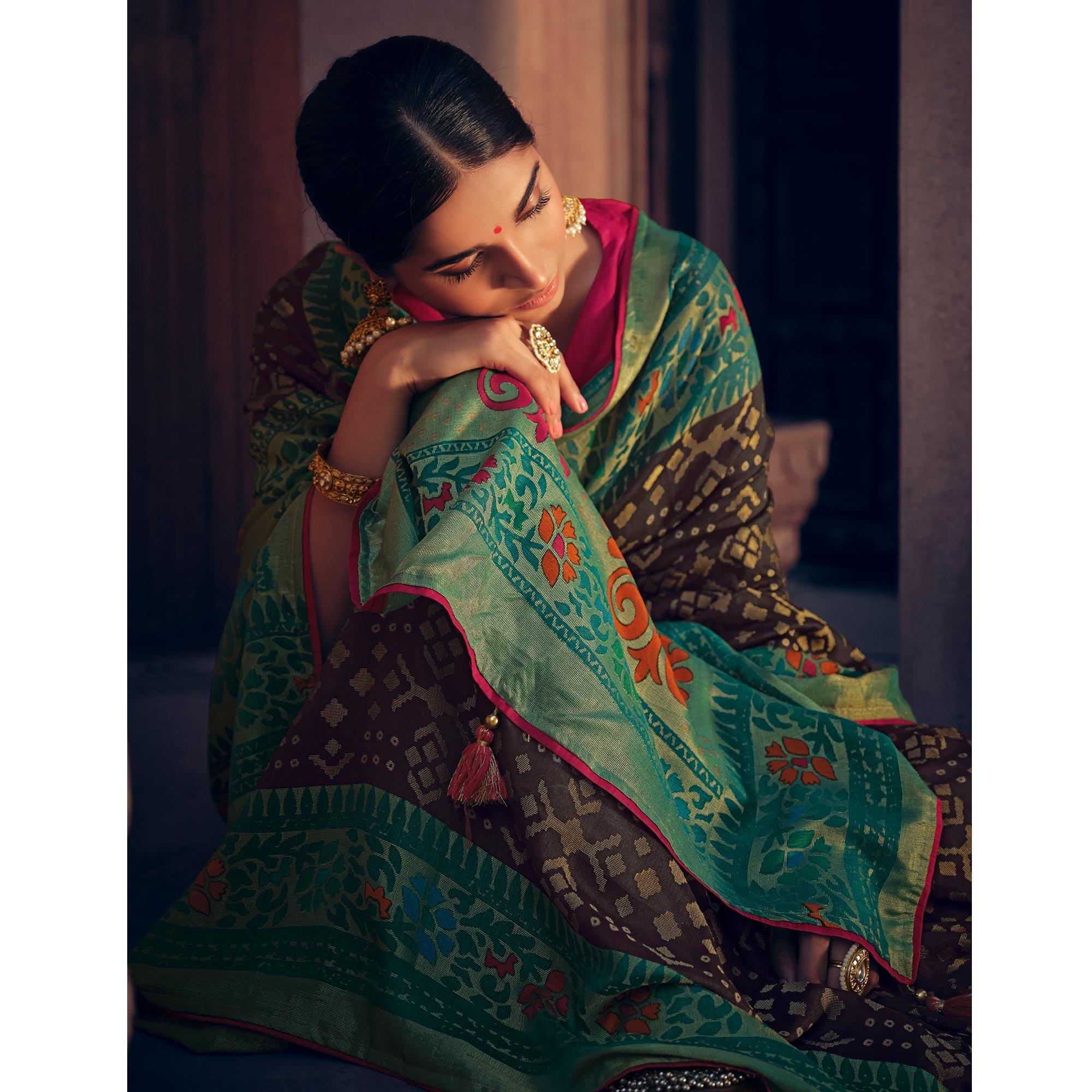 Brown Festive Wear Printed Moss Brasso Paithani Silk Saree - Peachmode