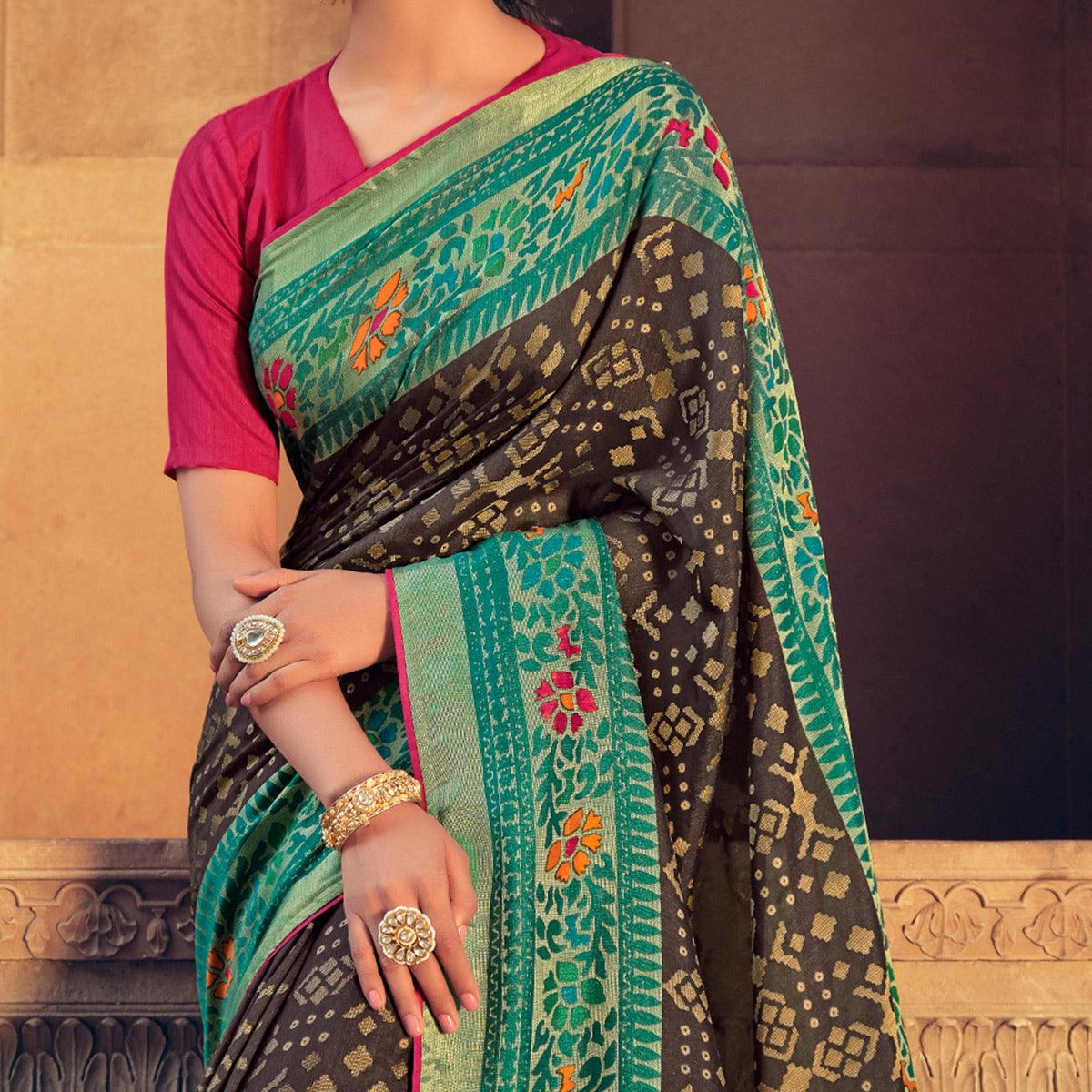 Brown Festive Wear Printed Moss Brasso Paithani Silk Saree - Peachmode