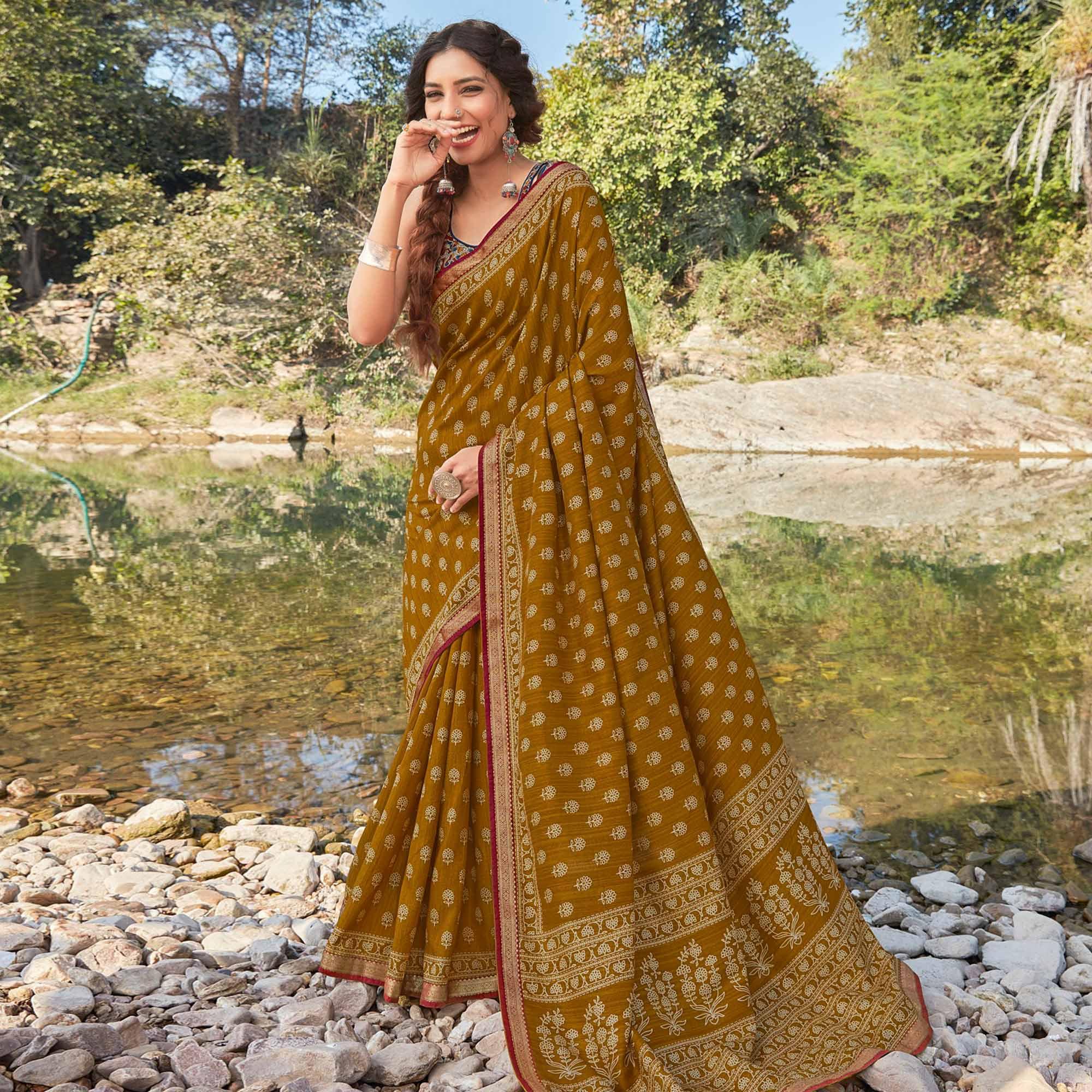 Brown Festive Wear Printed Silk Saree - Peachmode