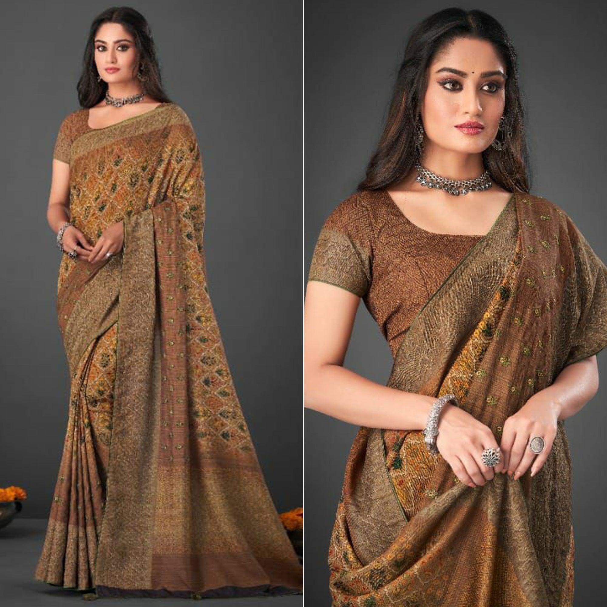Brown Festive Wear Printed Silk Saree - Peachmode