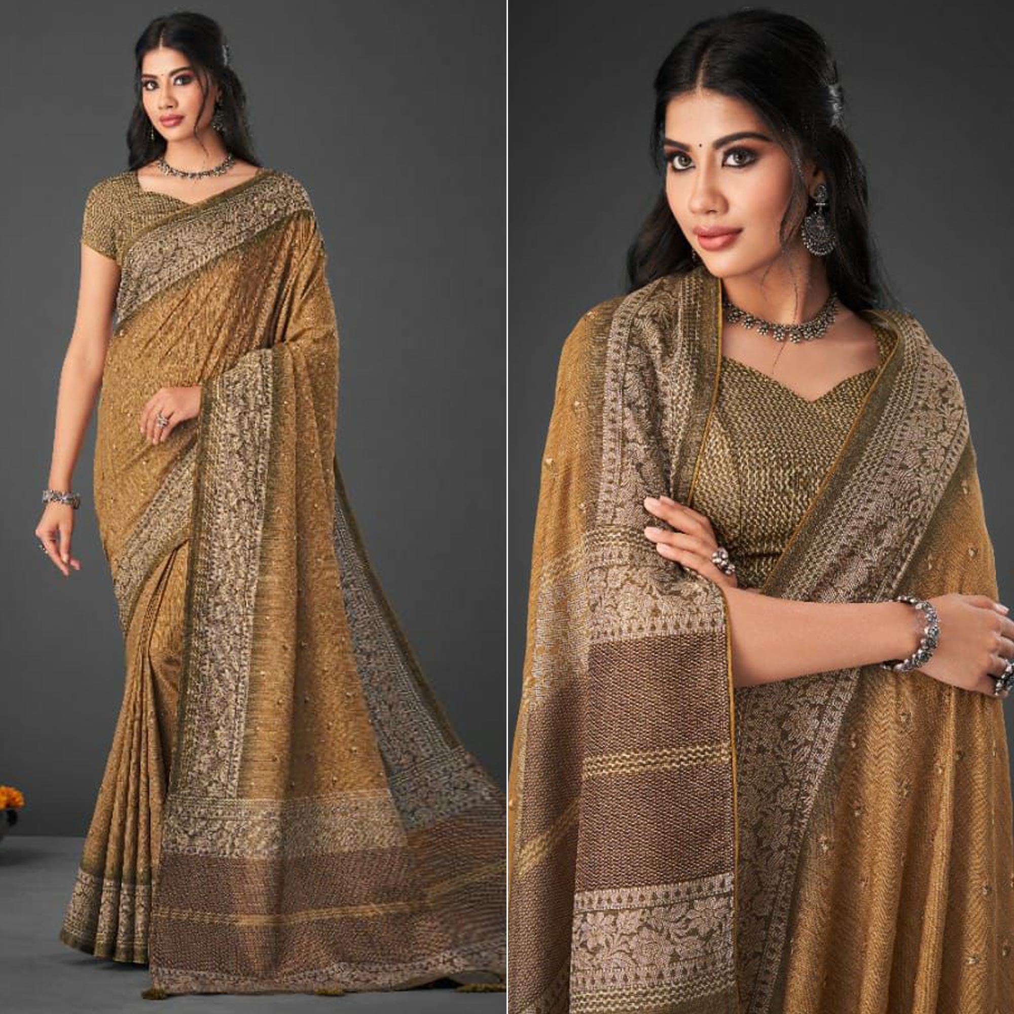 Brown Festive Wear Printed Silk Saree - Peachmode