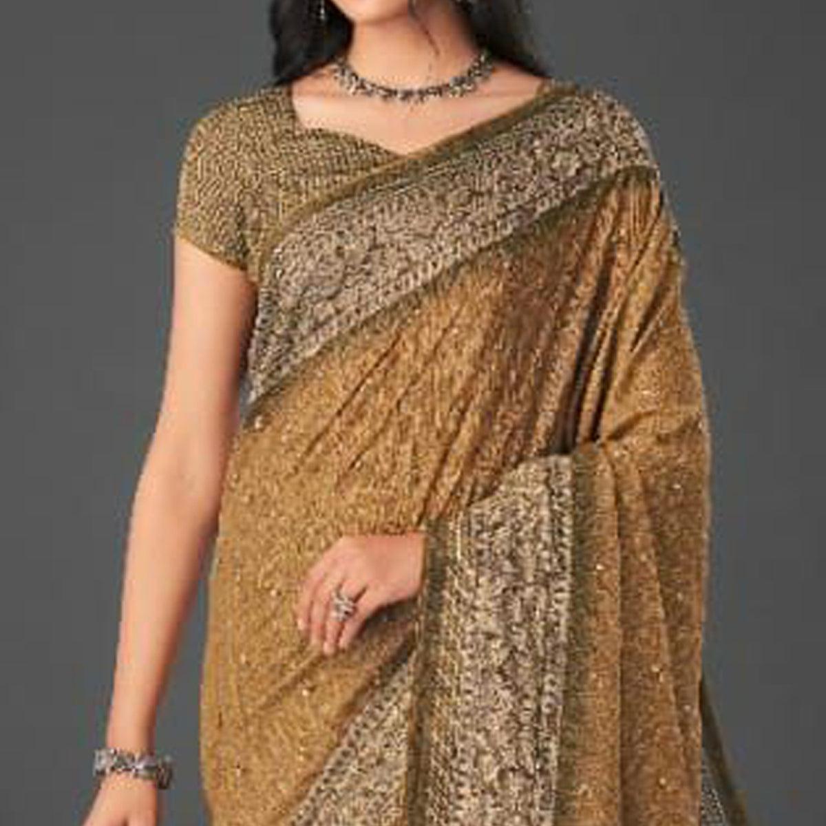 Brown Festive Wear Printed Silk Saree - Peachmode
