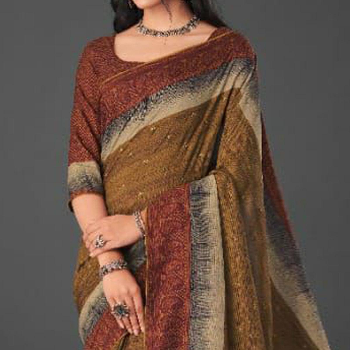 Brown Festive Wear Printed Silk Saree - Peachmode