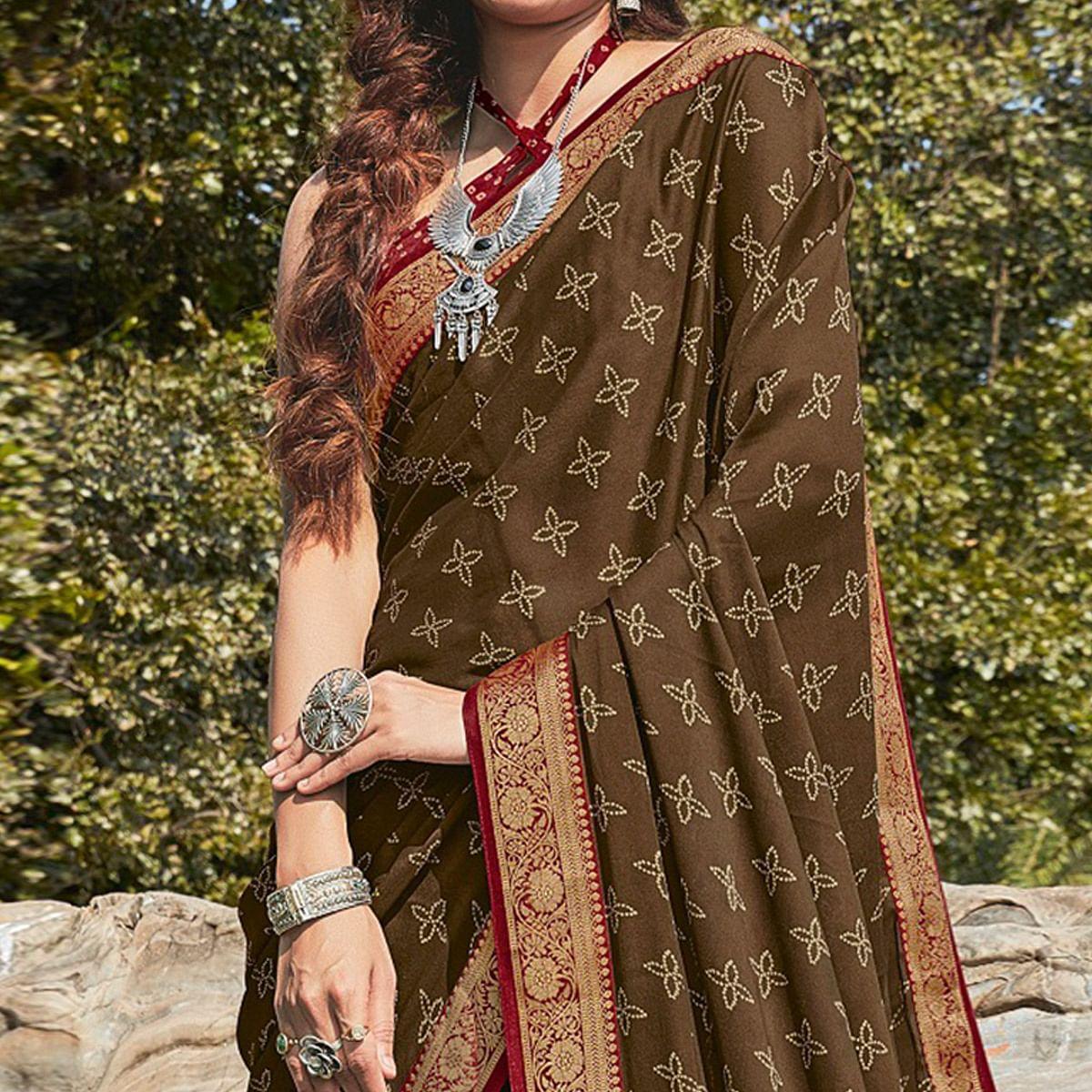 Brown Festive Wear Printed Silk Saree - Peachmode