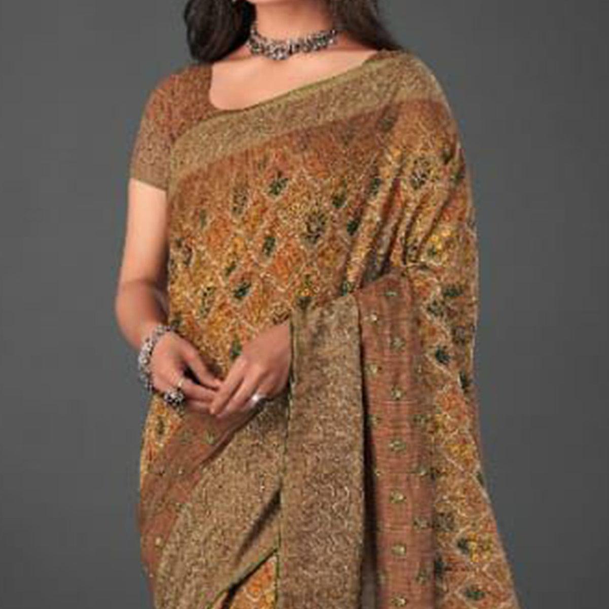 Brown Festive Wear Printed Silk Saree - Peachmode