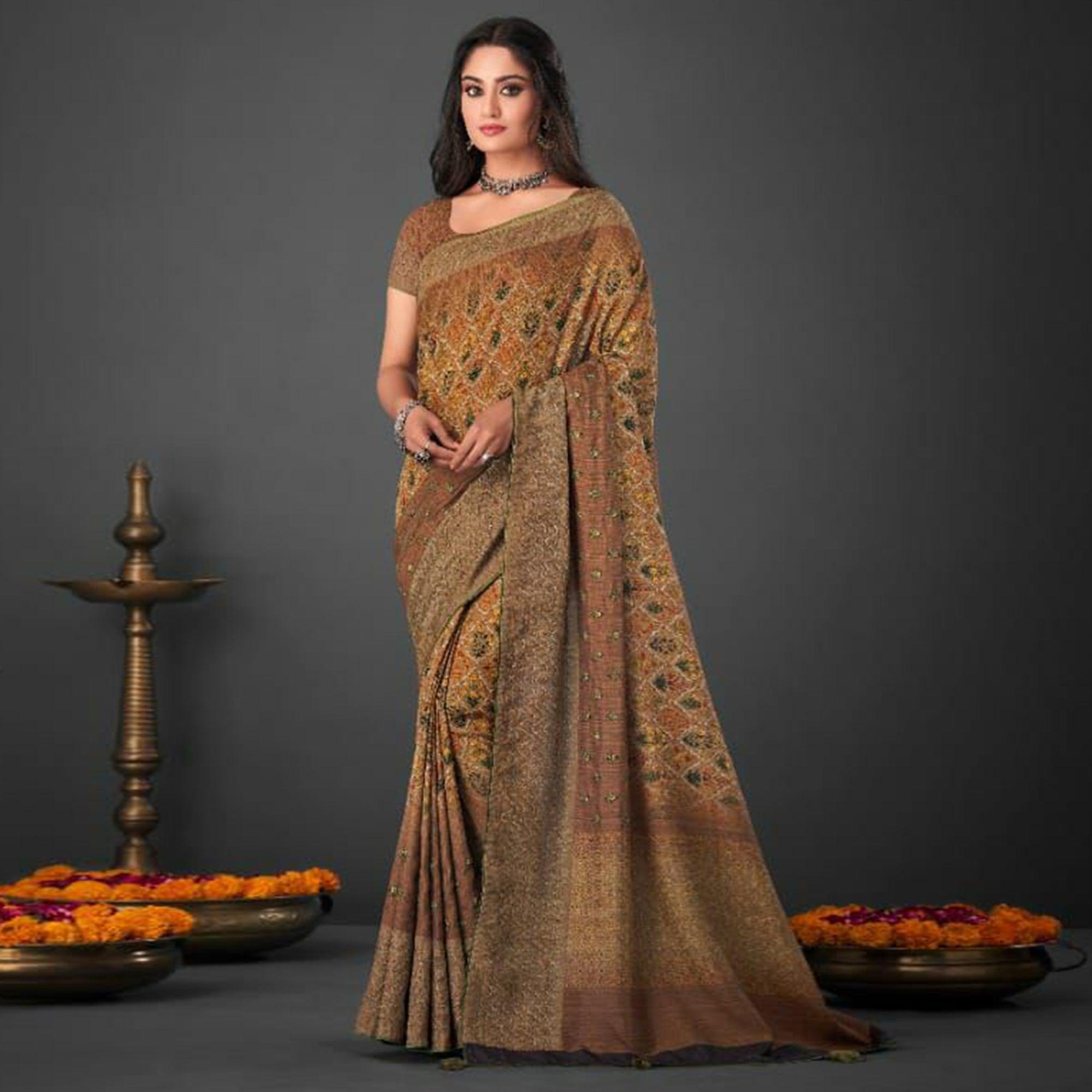Brown Festive Wear Printed Silk Saree - Peachmode