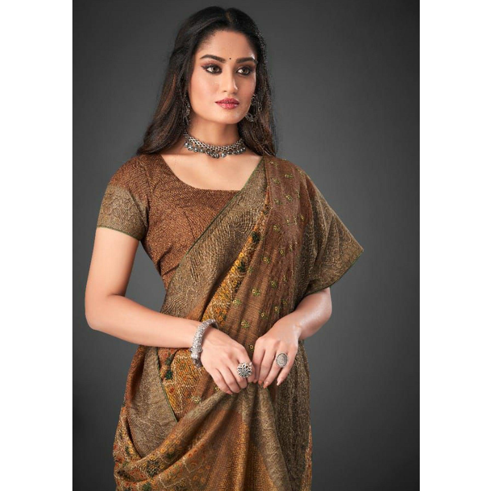 Brown Festive Wear Printed Silk Saree - Peachmode