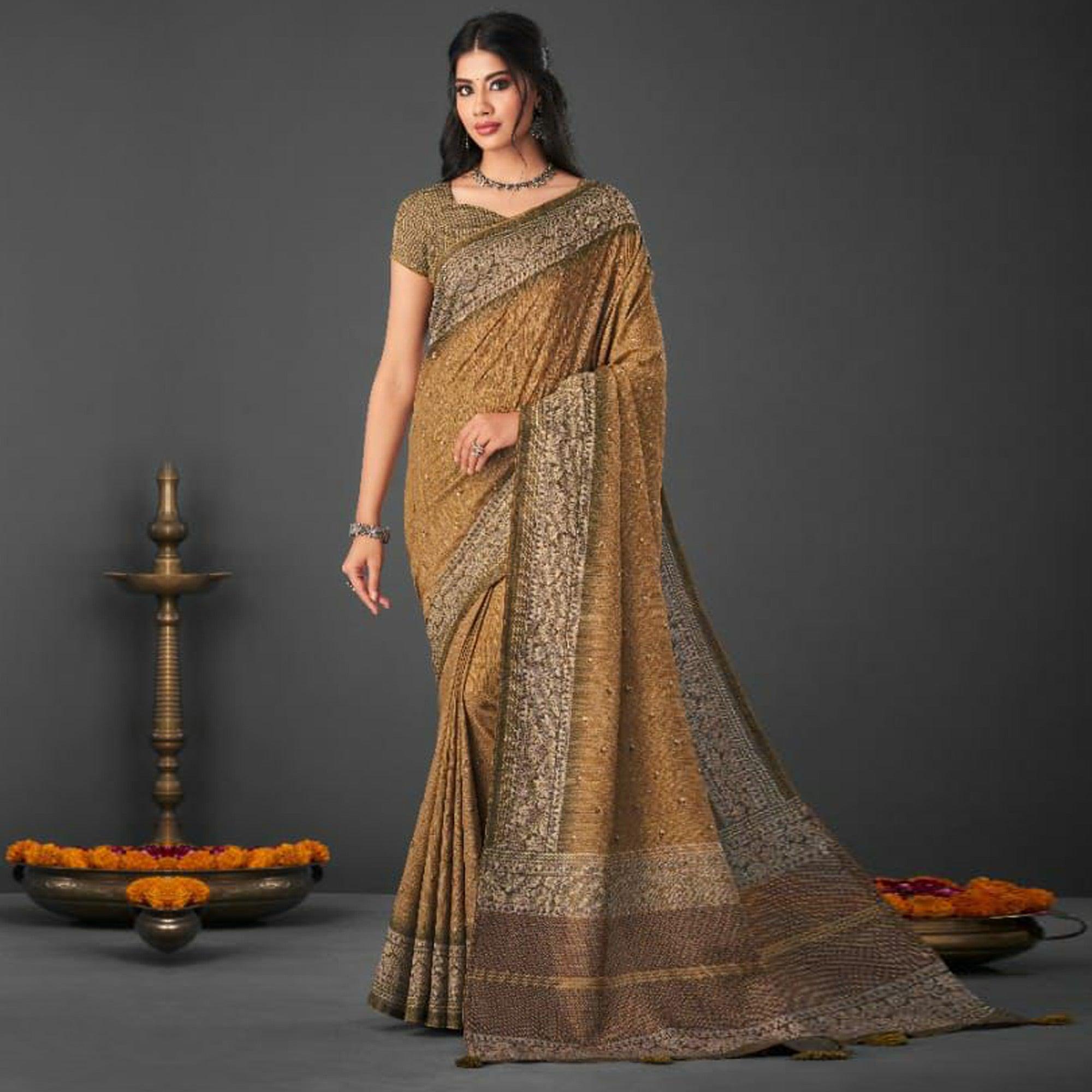 Brown Festive Wear Printed Silk Saree - Peachmode