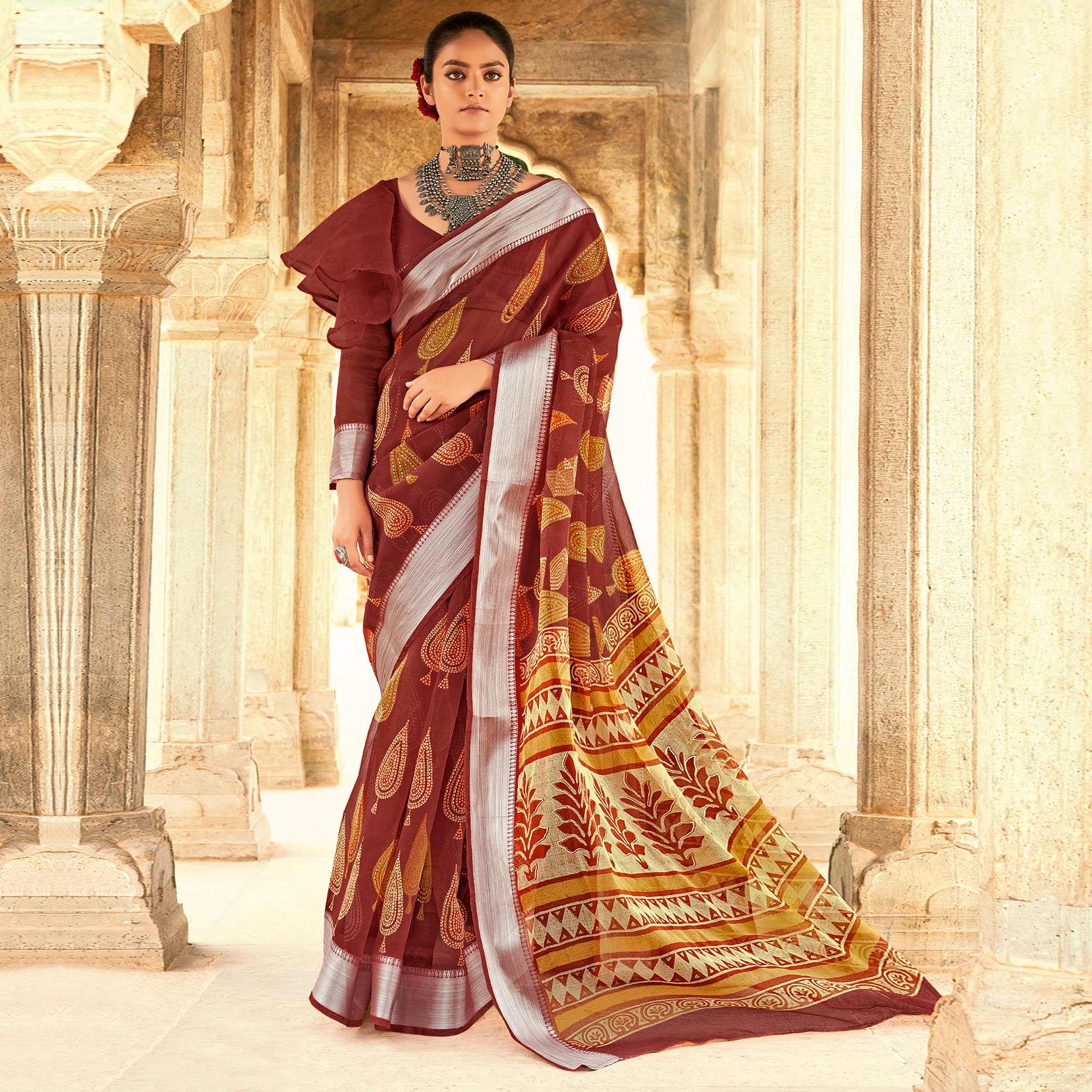 Brown Festive Wear Printed Silk Saree With Border - Peachmode