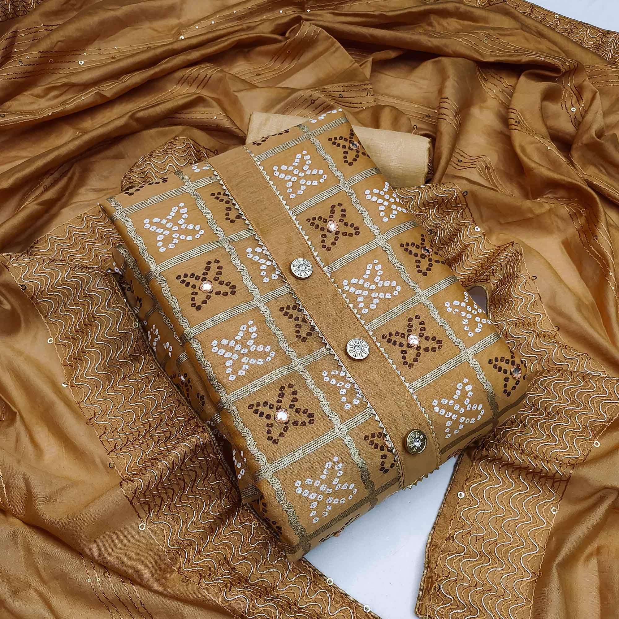 Brown Festive Wear Printed With Handwork Modal Dress Material - Peachmode