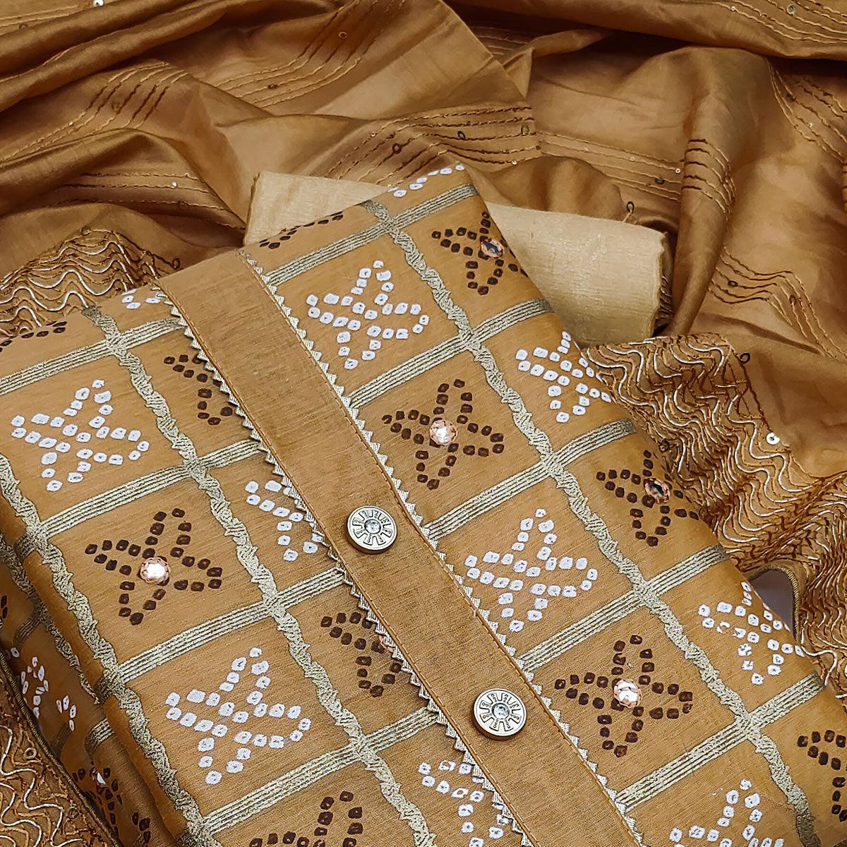 Brown Festive Wear Printed With Handwork Modal Dress Material - Peachmode