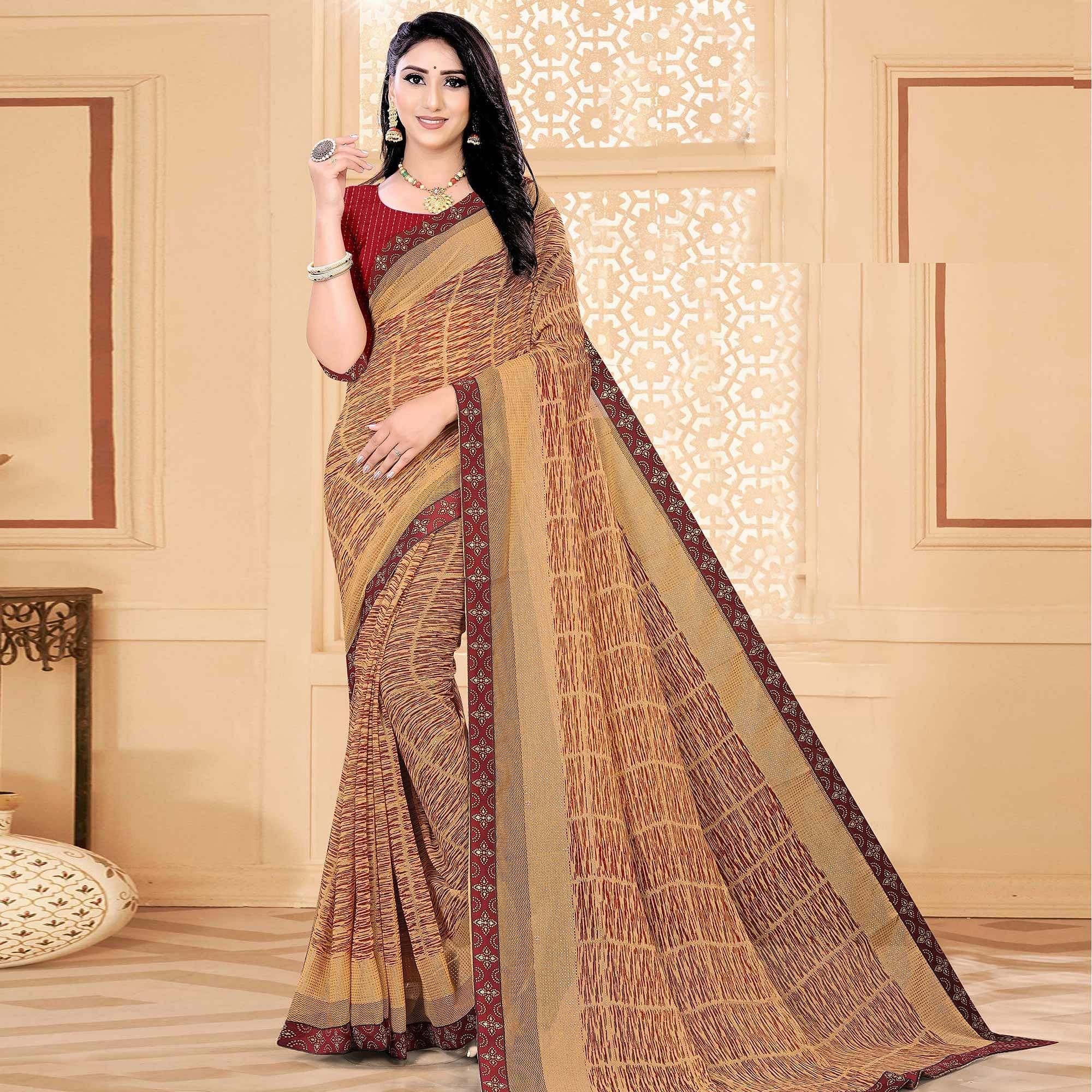 Brown Festive Wear Printed With Lace Work Chiffon Designer Saree - Peachmode