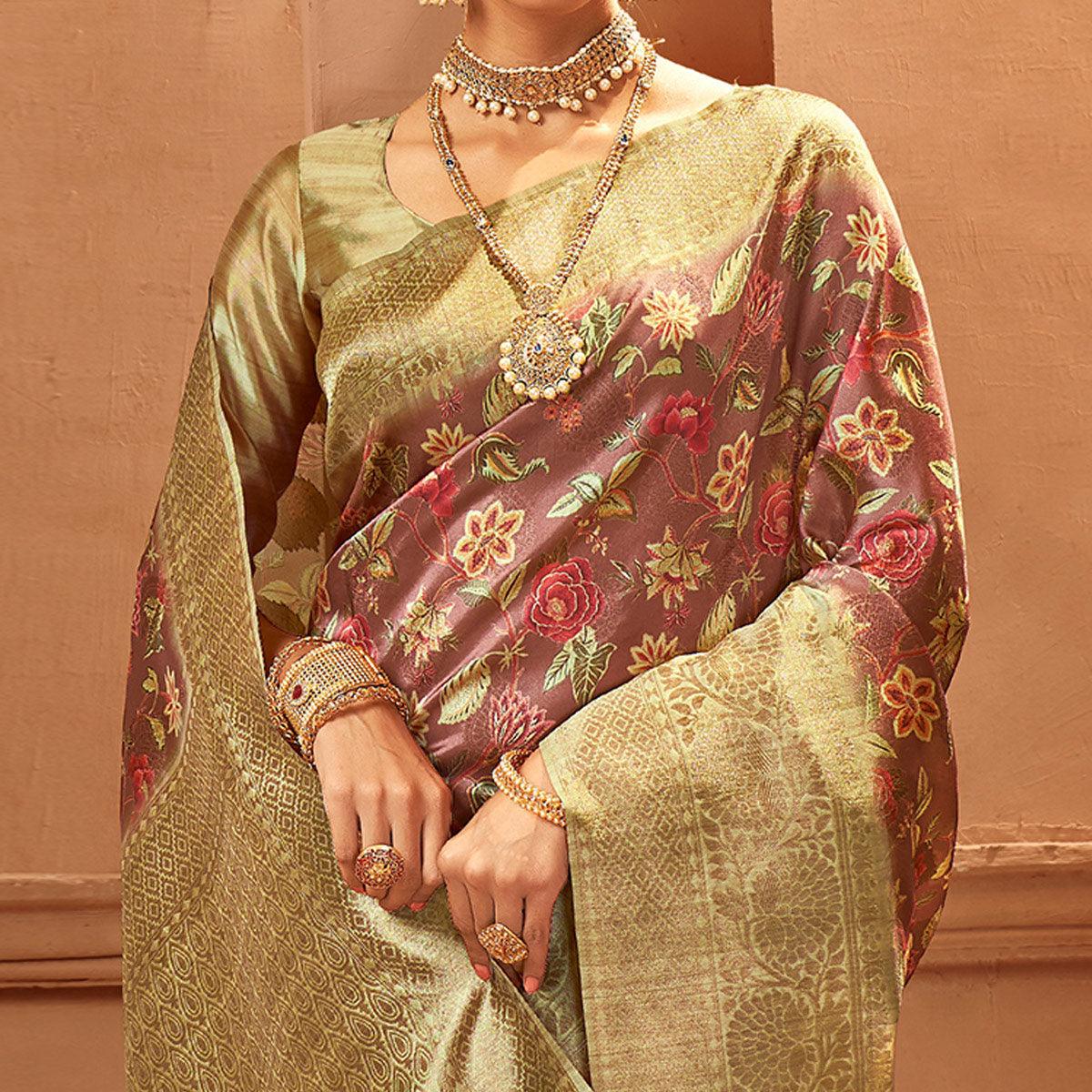 Brown Festive Wear Pure Digital Prints Jacquard Silk Saree - Peachmode
